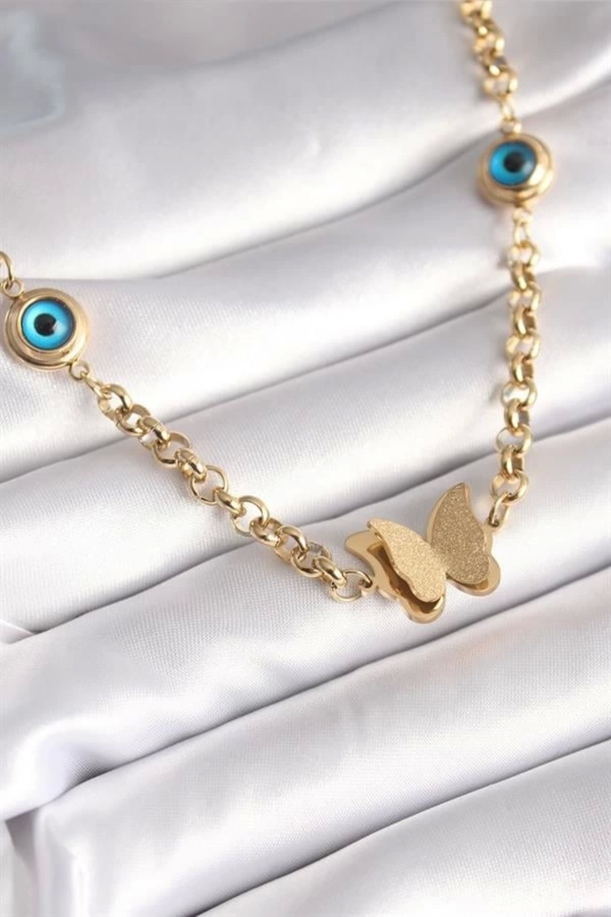 Lale Moda 316L Çelik Gold Renk Simli Kelebek Figür Nazar Boncuk Detay Kadın Kolye