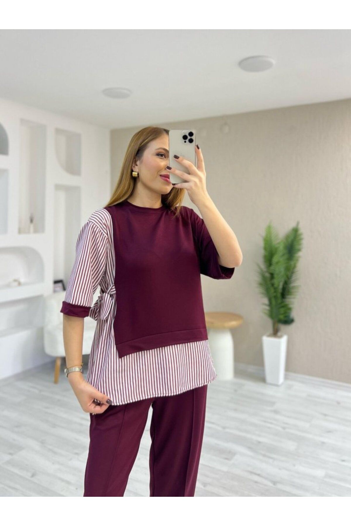 Viyamo Yeni Sezon Kadın Kristal 2 İplik Kumaş Yanları Çizgili Takım