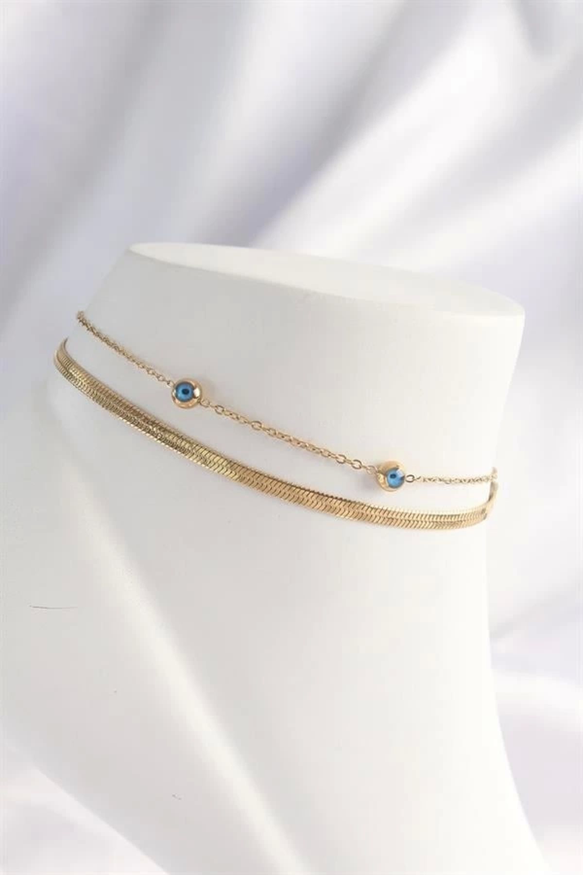 Lale Moda 316L Çelik Gold Renk Nazar Boncuk Tasarımlı 2li Halhal