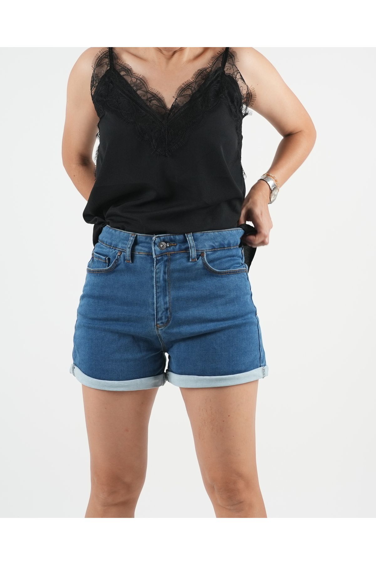 Parla Sports Şort Denim Likralı Katlı Paça