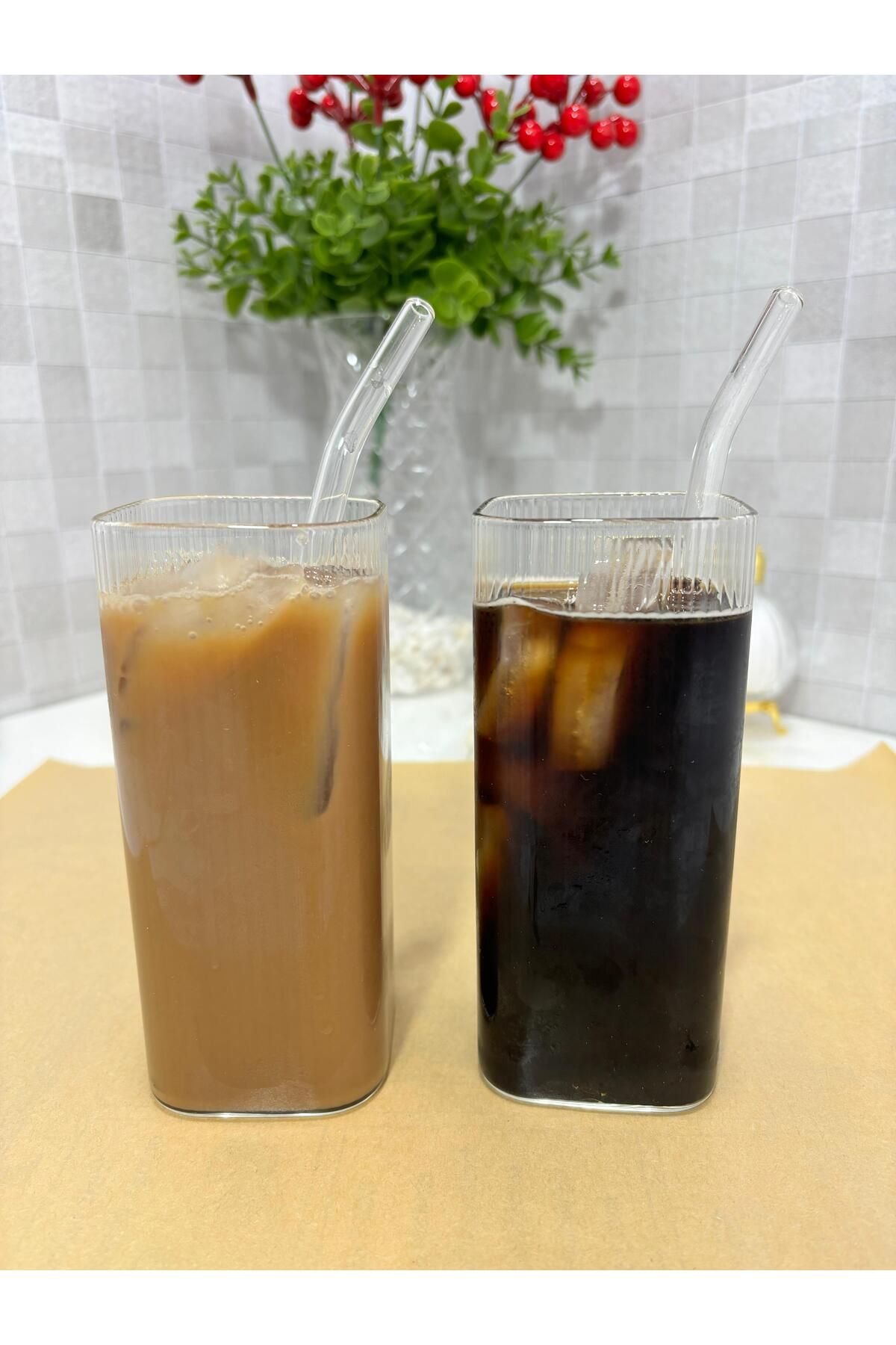SOFRA STİL 2'Lİ Pipet Hediyeli Çizgili Kare Pinterest Kahve Bardağı, Meşrubat Bardağı, Dikdörtgen Bardak 300 Ml