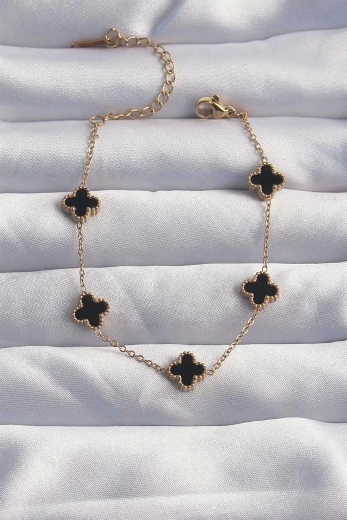 Lale Moda 316L Çelik Baby Boy Gold Renk Siyah Mineli Yonca Bileklik