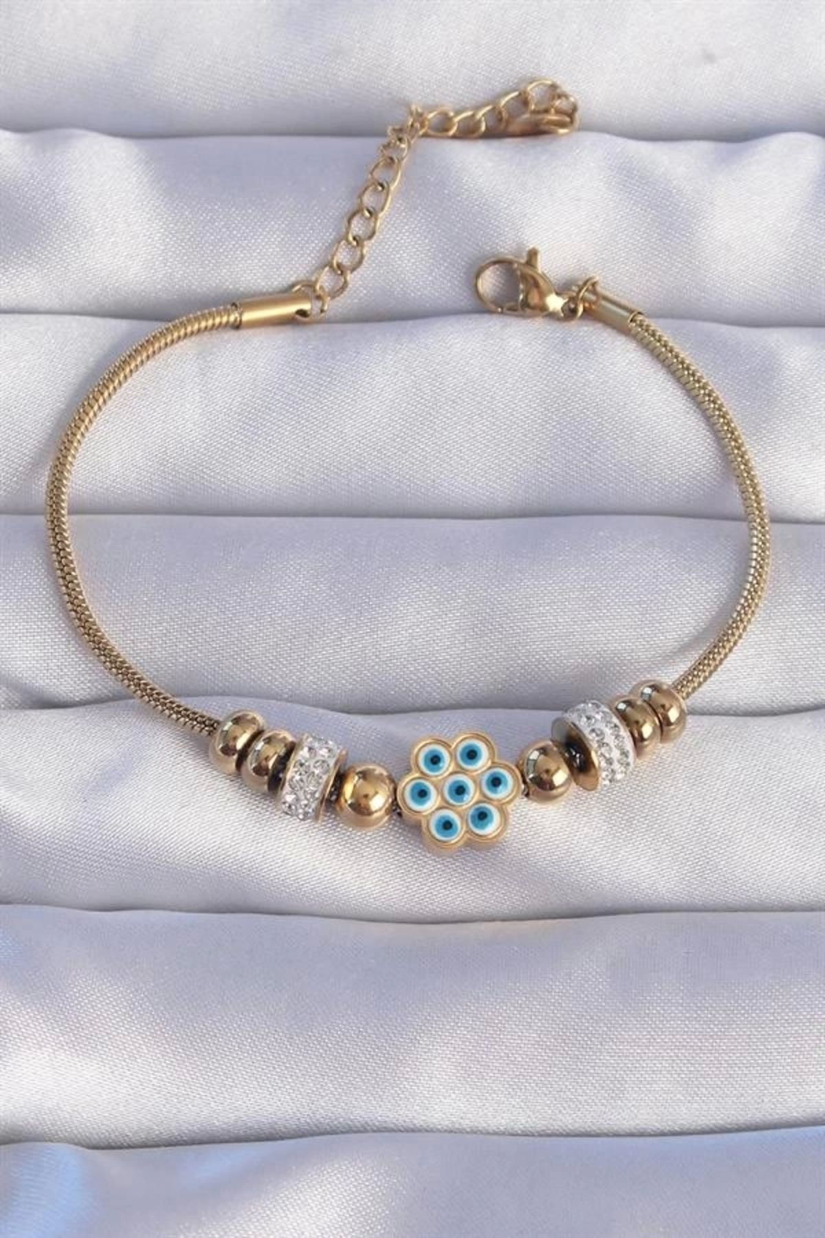 Lale Moda 316L Çelik Gold Renk Zirkon Taşlı Nazarlı Çiçek Tasarımlı Bileklik