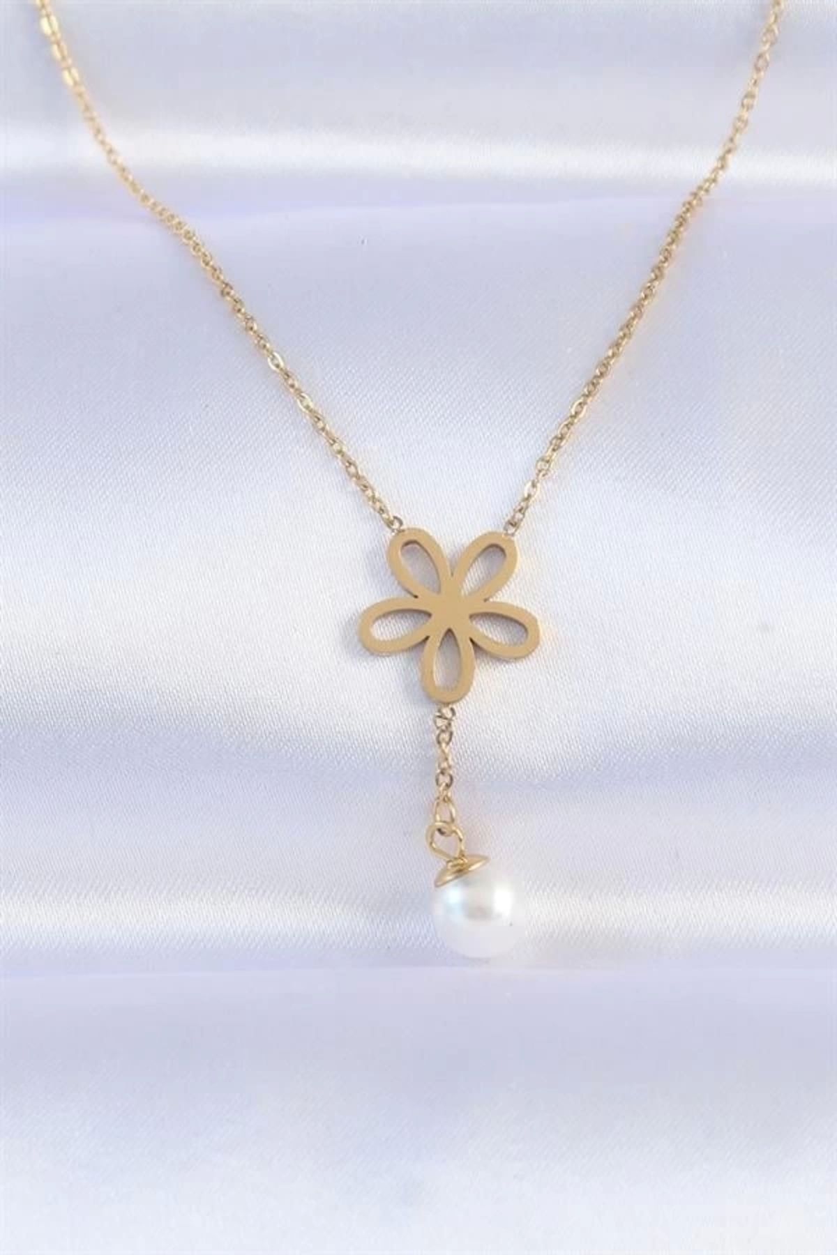 Lale Moda 316L Çelik Zincir Gold Renk İnci Detay Çiçek Kolye