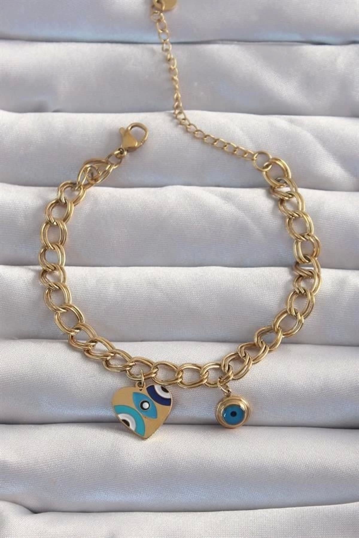 Lale Moda 316L Çelik Gold Renk Nazarlı Kalp Model Zincir Bileklik