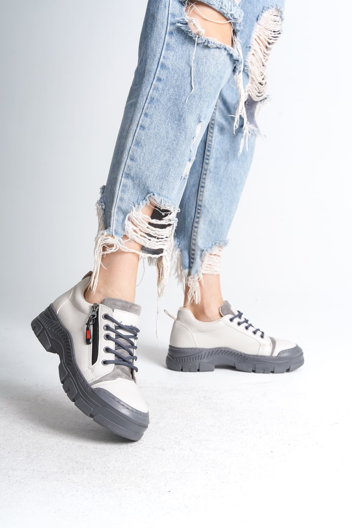 Joy AGATHA Bağcıklı Fermuarlı Ortopedik Taban Kadın Sneaker Spor Ayakkabı - GT Krem