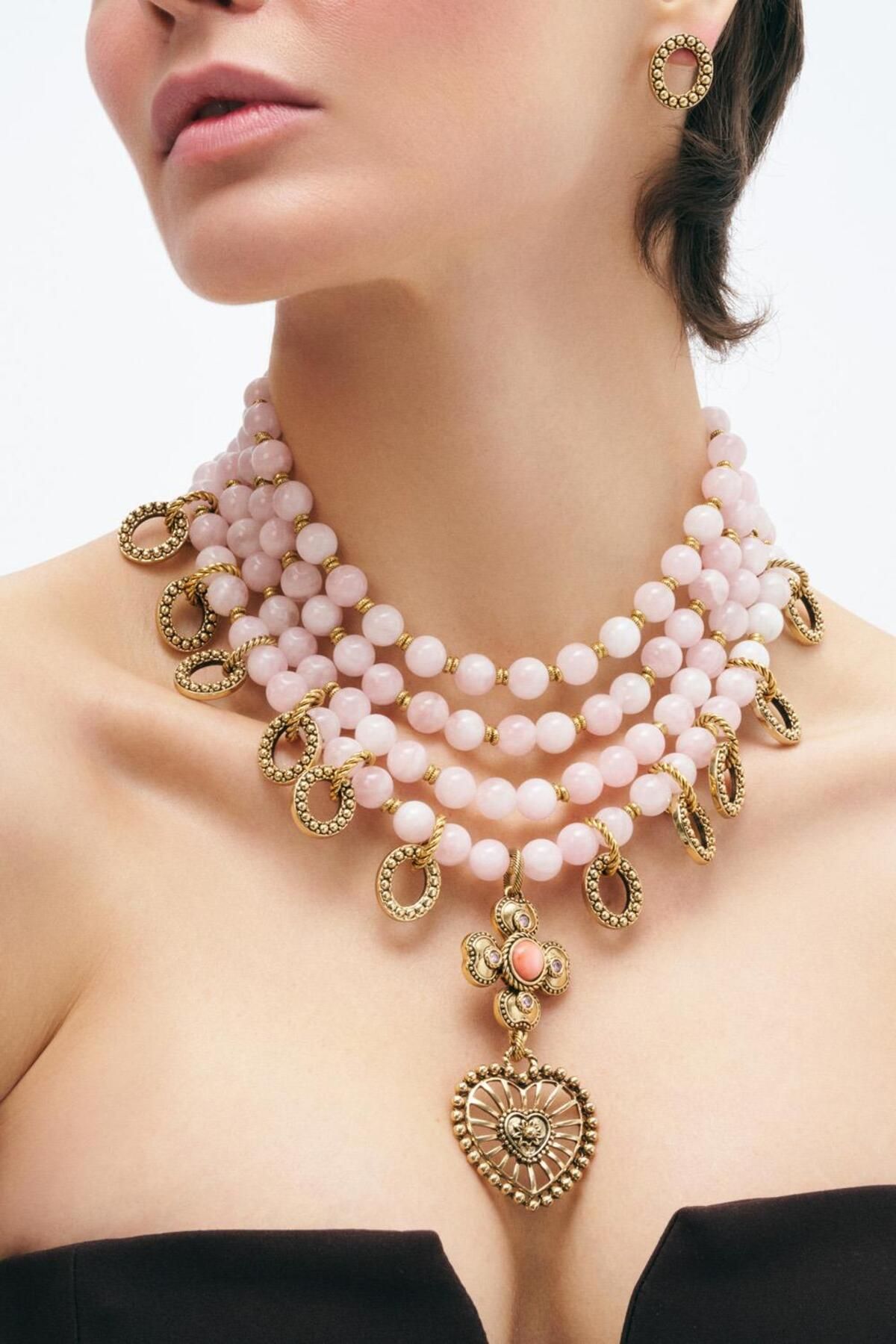 Mon Reve Lovely Pembe Kuvars Doğal Taş Kalp Charm Abiye Kolye