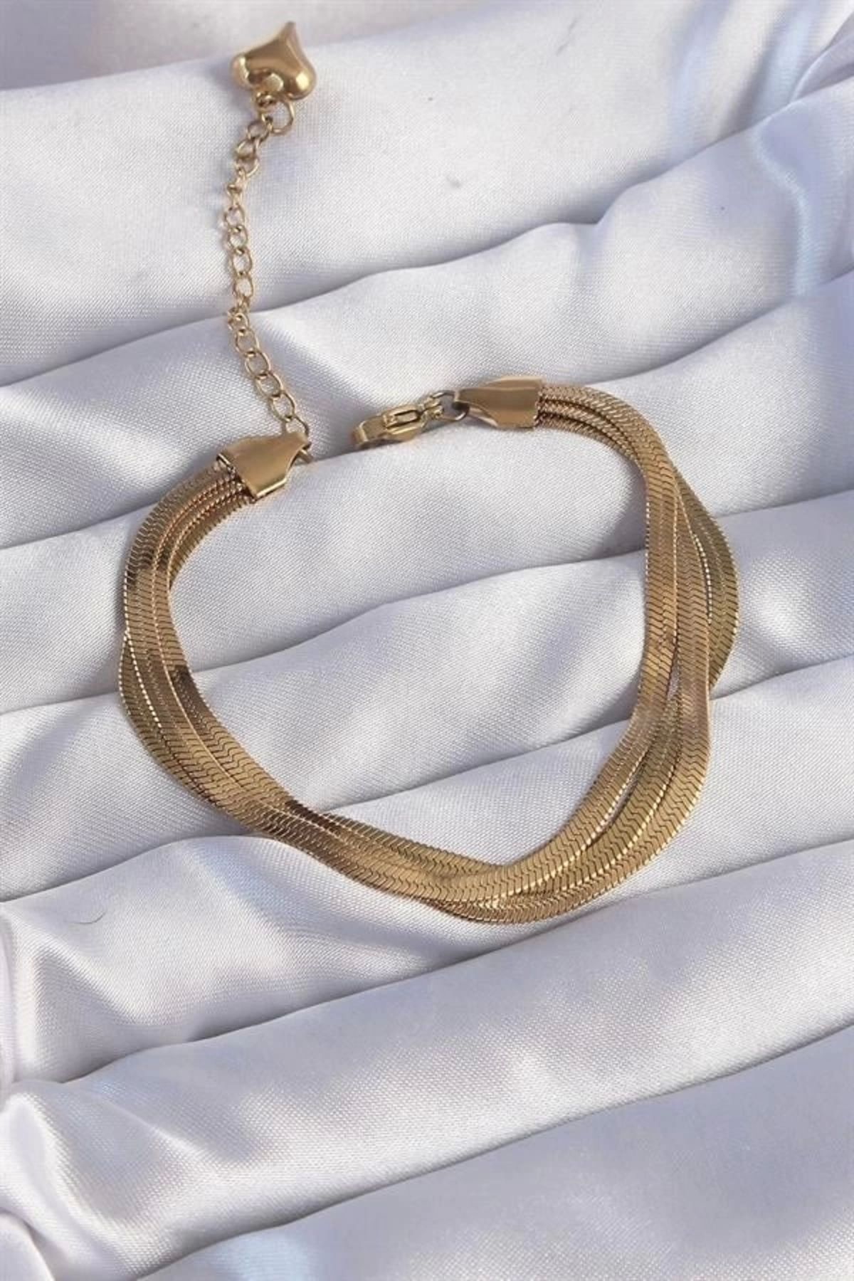 Lale Moda 316L Çelik Gold Renk İtalyan Zincir Model Çoklu Bileklik