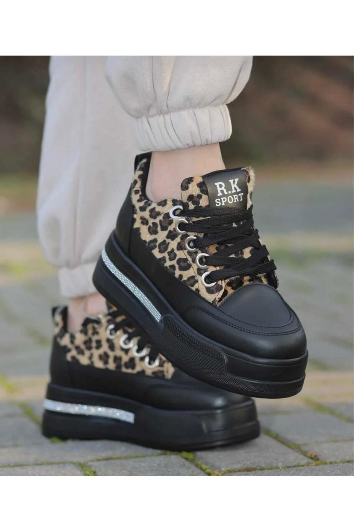 MODA27 Kadın Bella Siyah Leopar Yüksek Taban Spor Ayakkabı