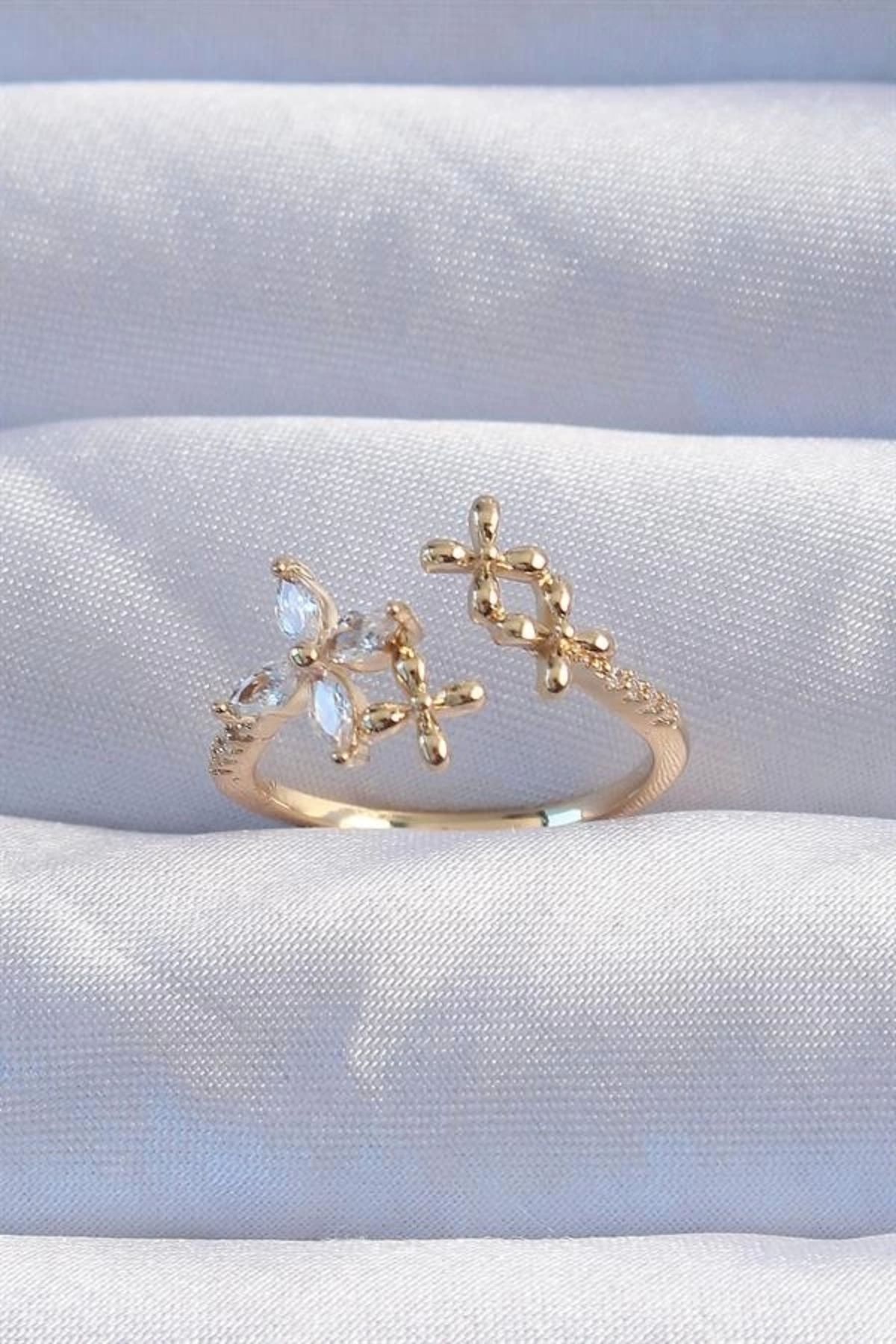 Lale Moda Pirinç Gold Renk Zirkon Taşlı Çiçek Model Ayarlanabilir Yüzük