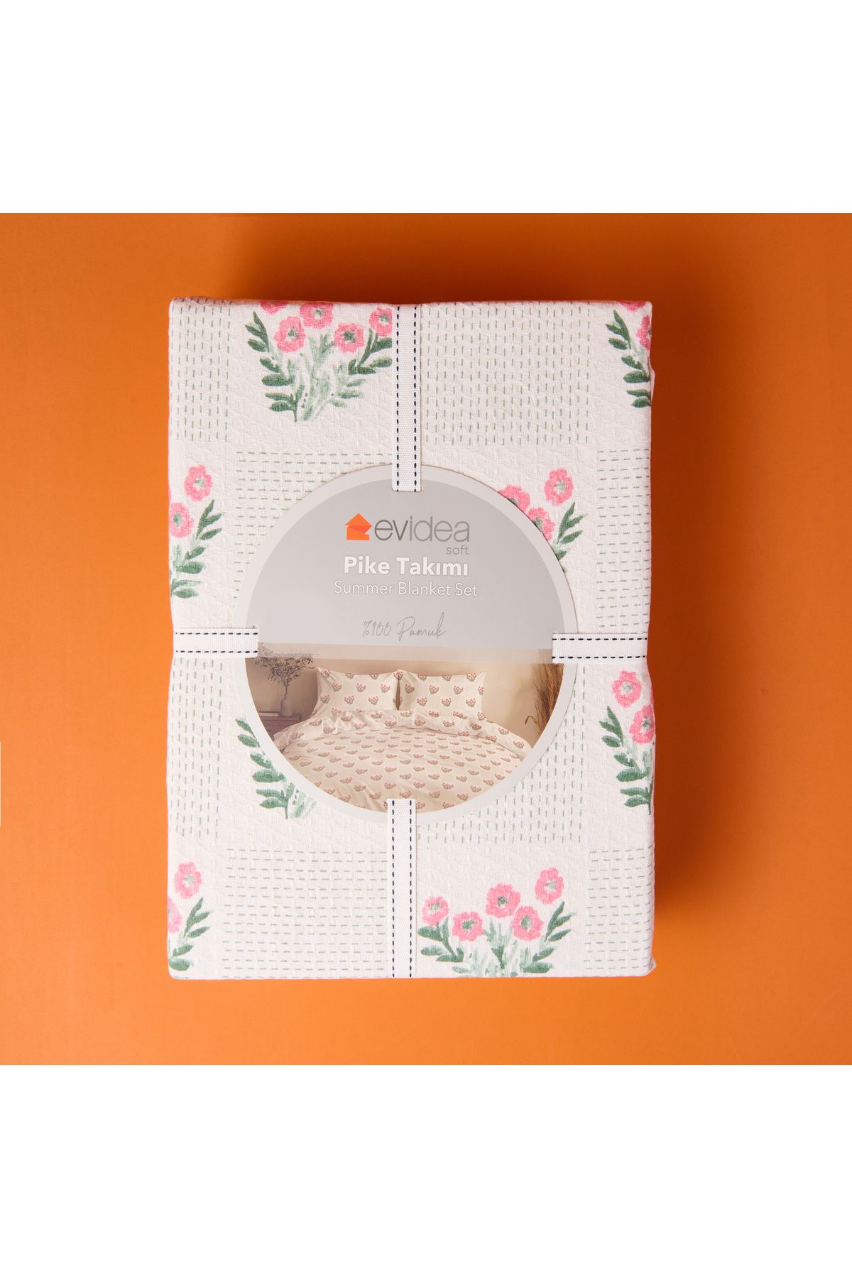 Evidea Soft Folky Çift Kişilik Pike Takımı - Beyaz / Pembe