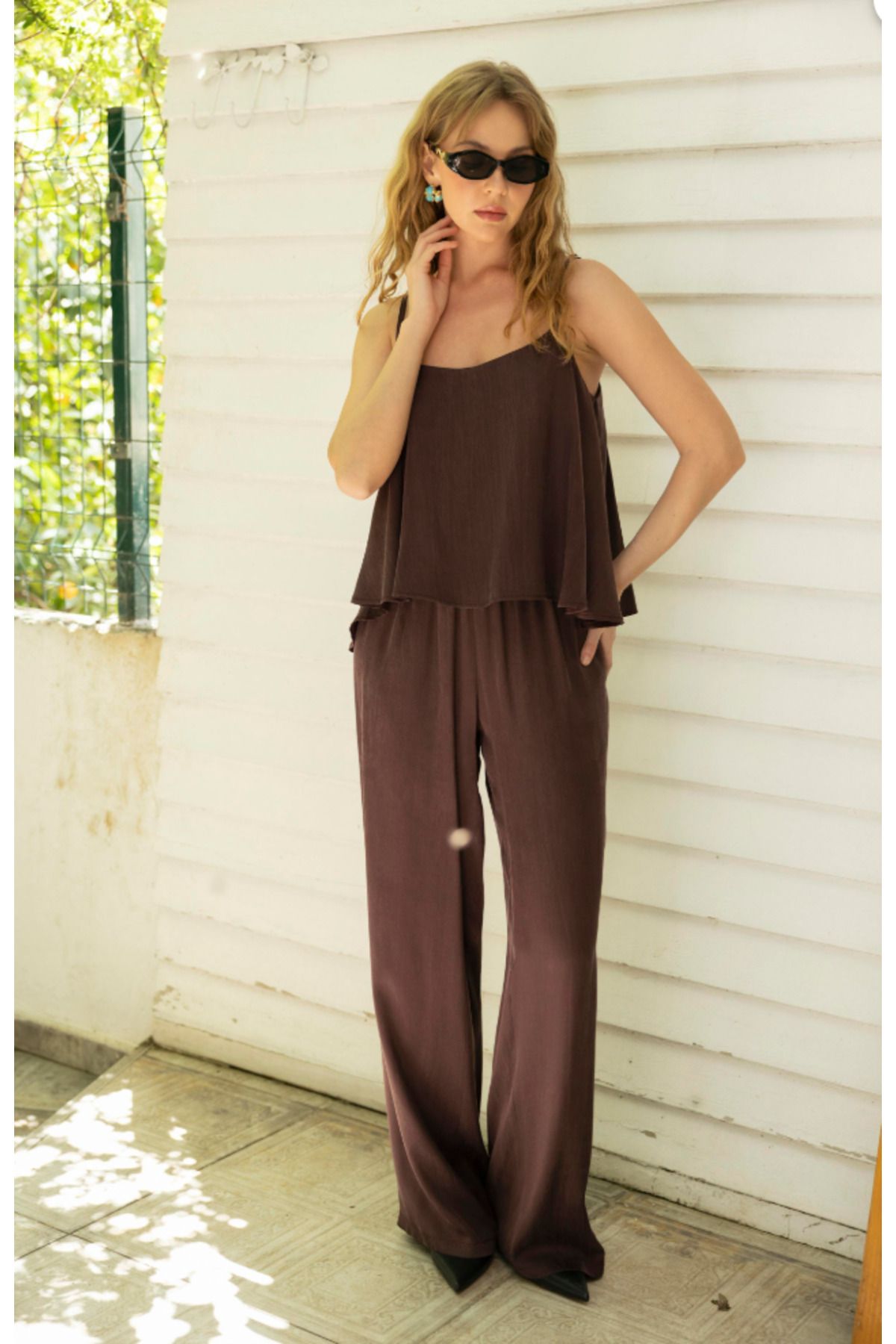 My Blog Mürdüm Saten Görünümlü Askılı Bluz Pantolon Takım - 51043