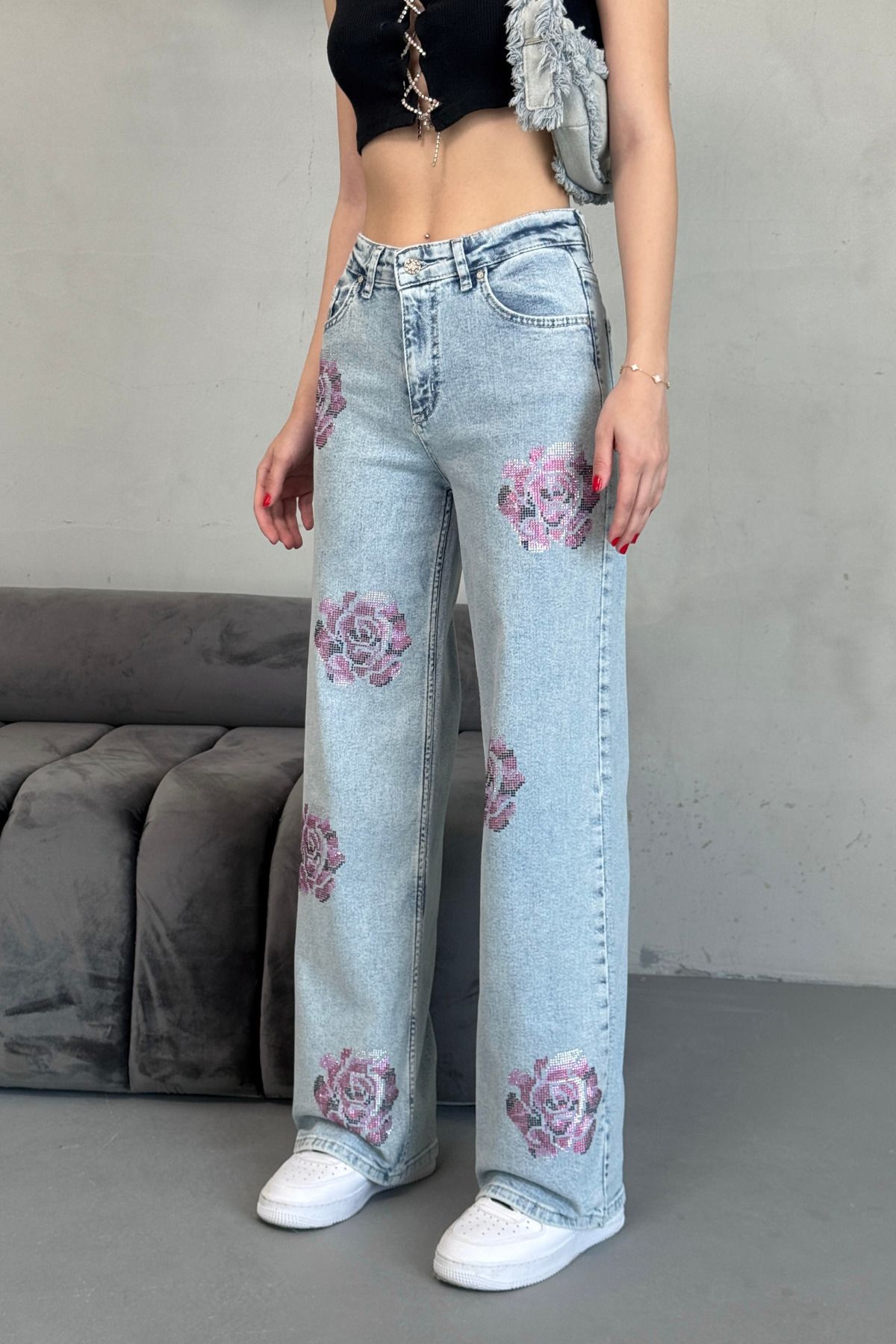 alanora Kadın Çiçek Detaylı Yüksek Bel Taşlı Likralı Wide Leg Pantolon