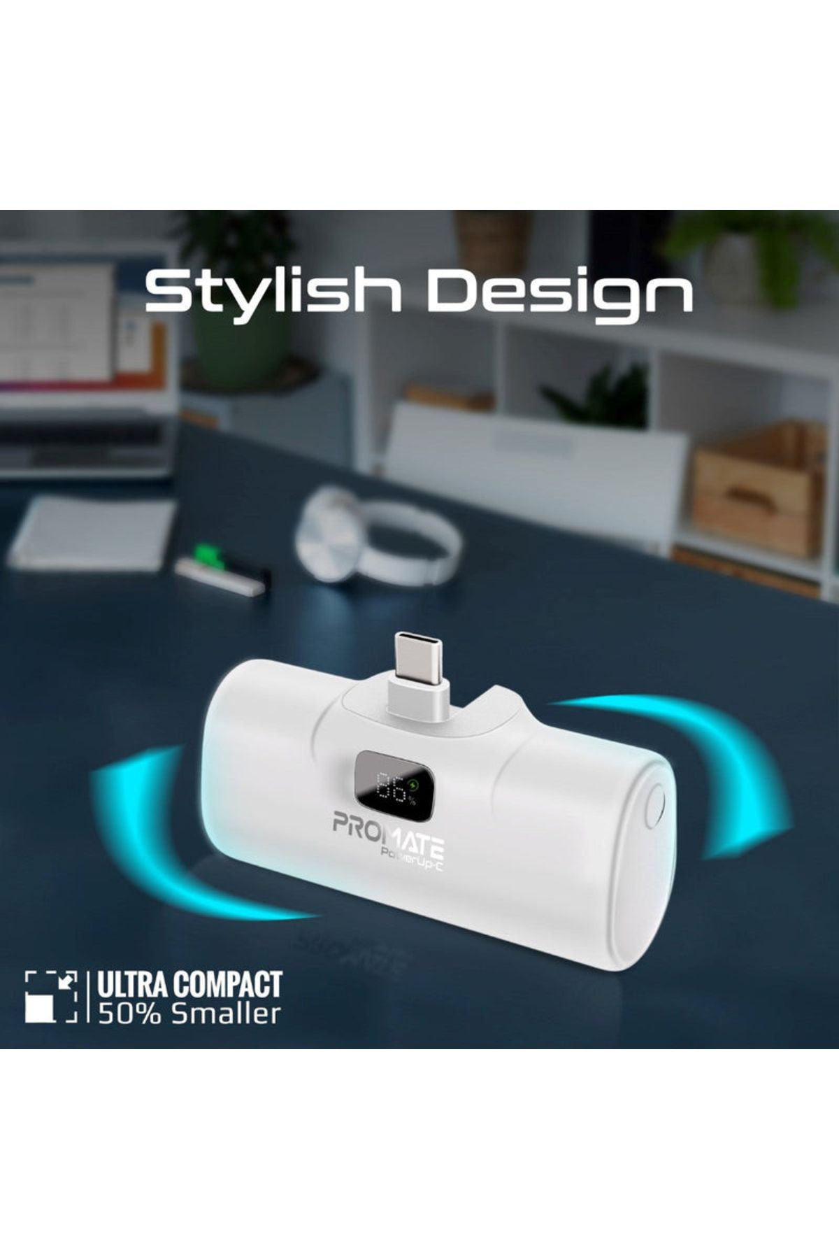 Promate-PowerUp-C Power Bank 5000mAh with Fast Charging and Built-in USB-C Connector - White 2