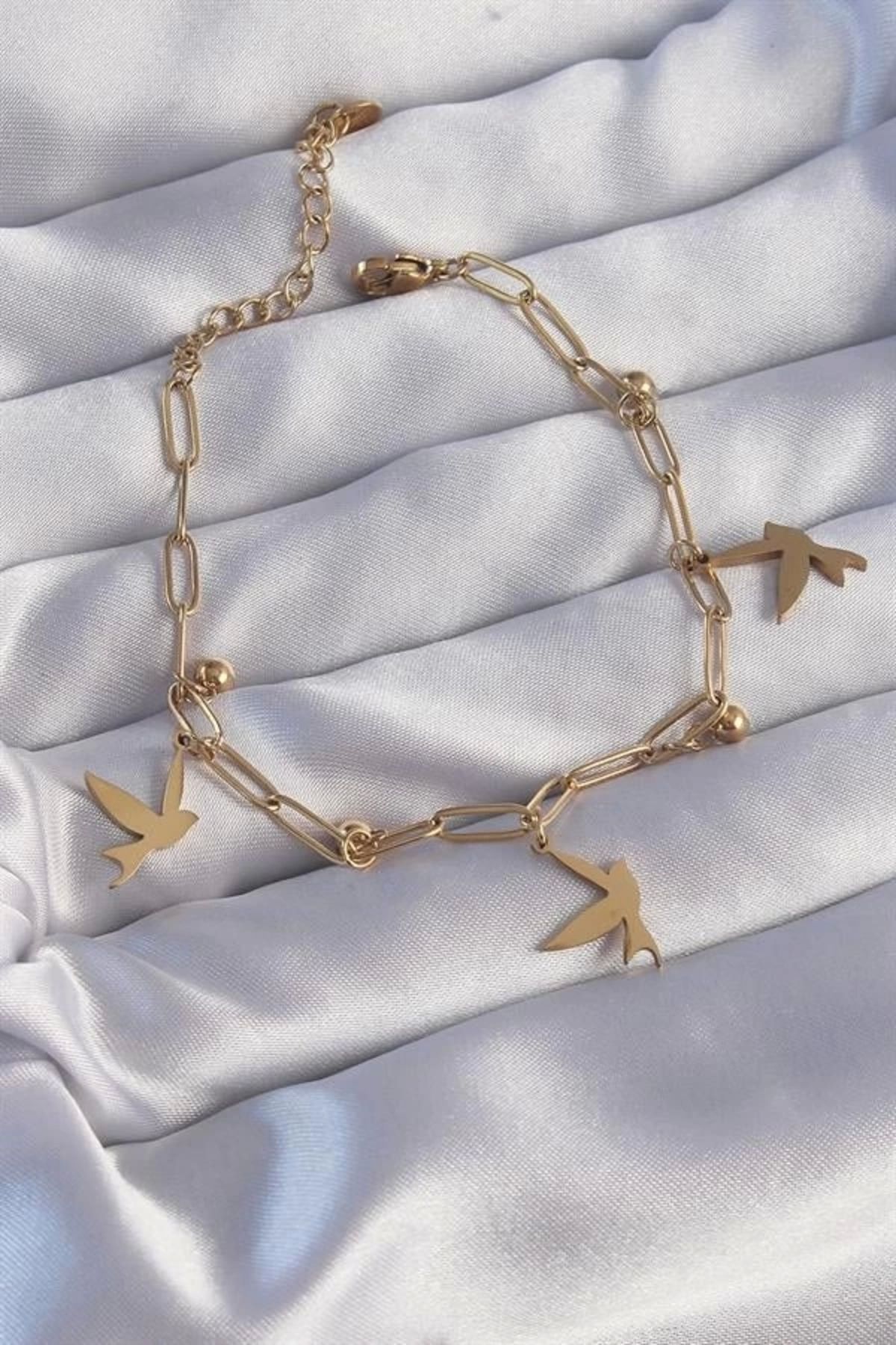 Lale Moda 316L Çelik Gold Renk Kuş Tasarımlı Topçuk Detay Zincir Bileklik