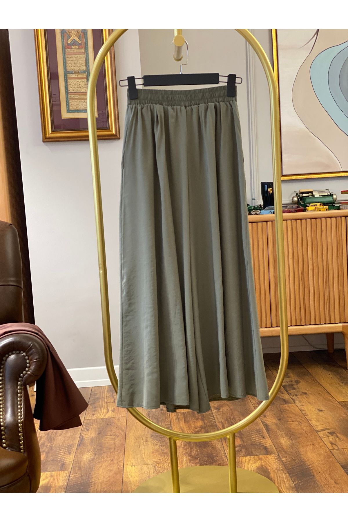 Hatun Atila-Wide Leg Modal Skirt Trousers with Elastic Waist - Khaki 3