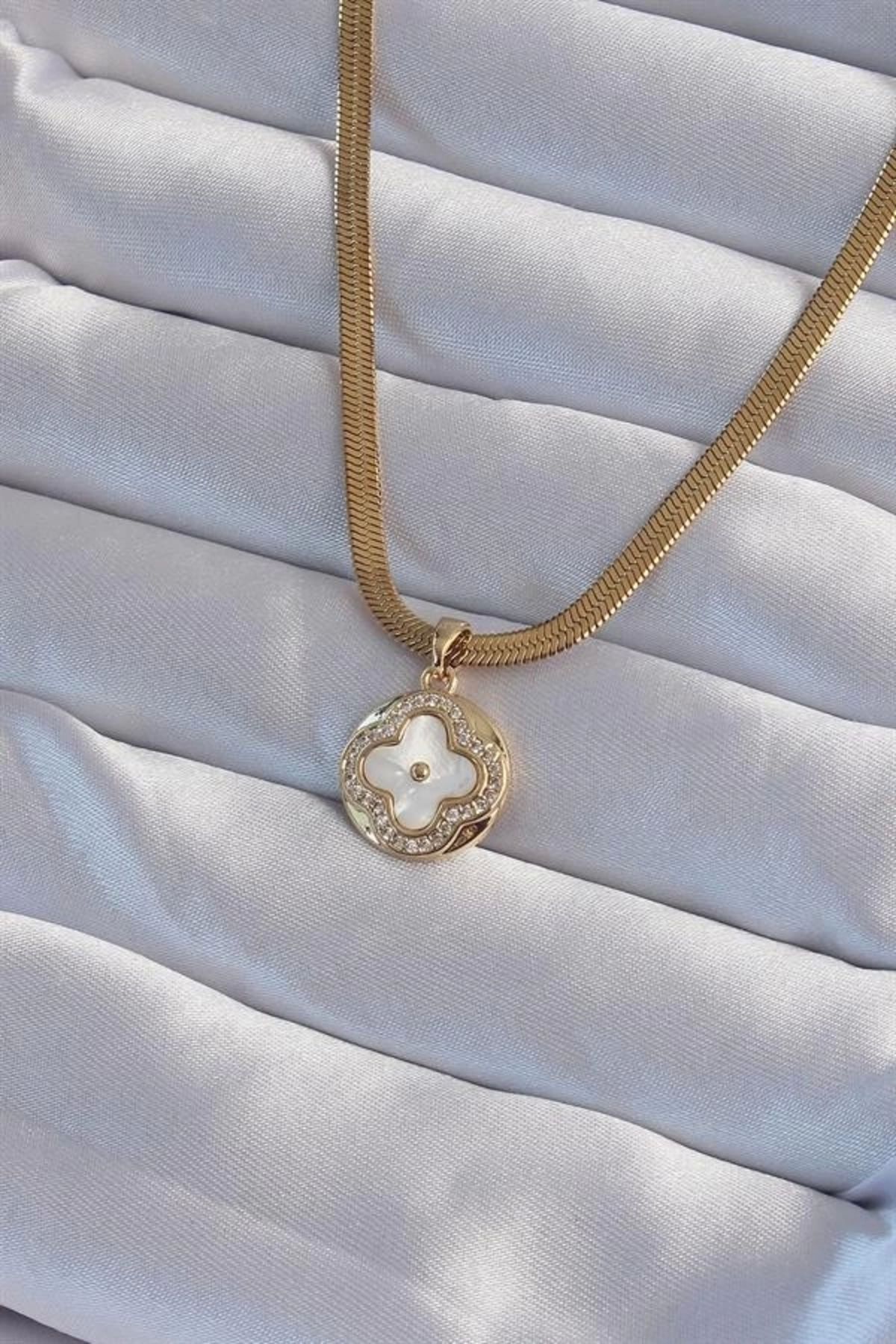 Lale Moda 316L Çelik İtalyan Zincirli Gold Renk Zirkon Taşlı Sedefli Yonca Model Kolye
