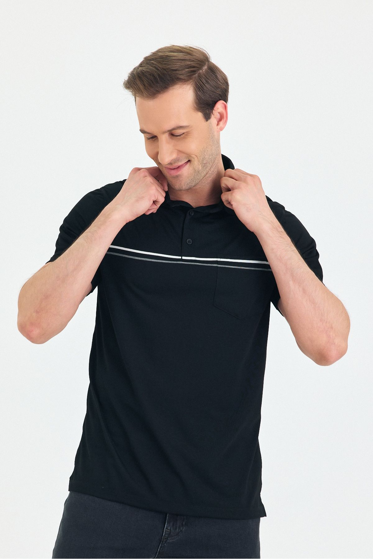 ENQUE Pamuk Çizgi Desenli Cepli Slim Fit Polo Yaka T Shirt