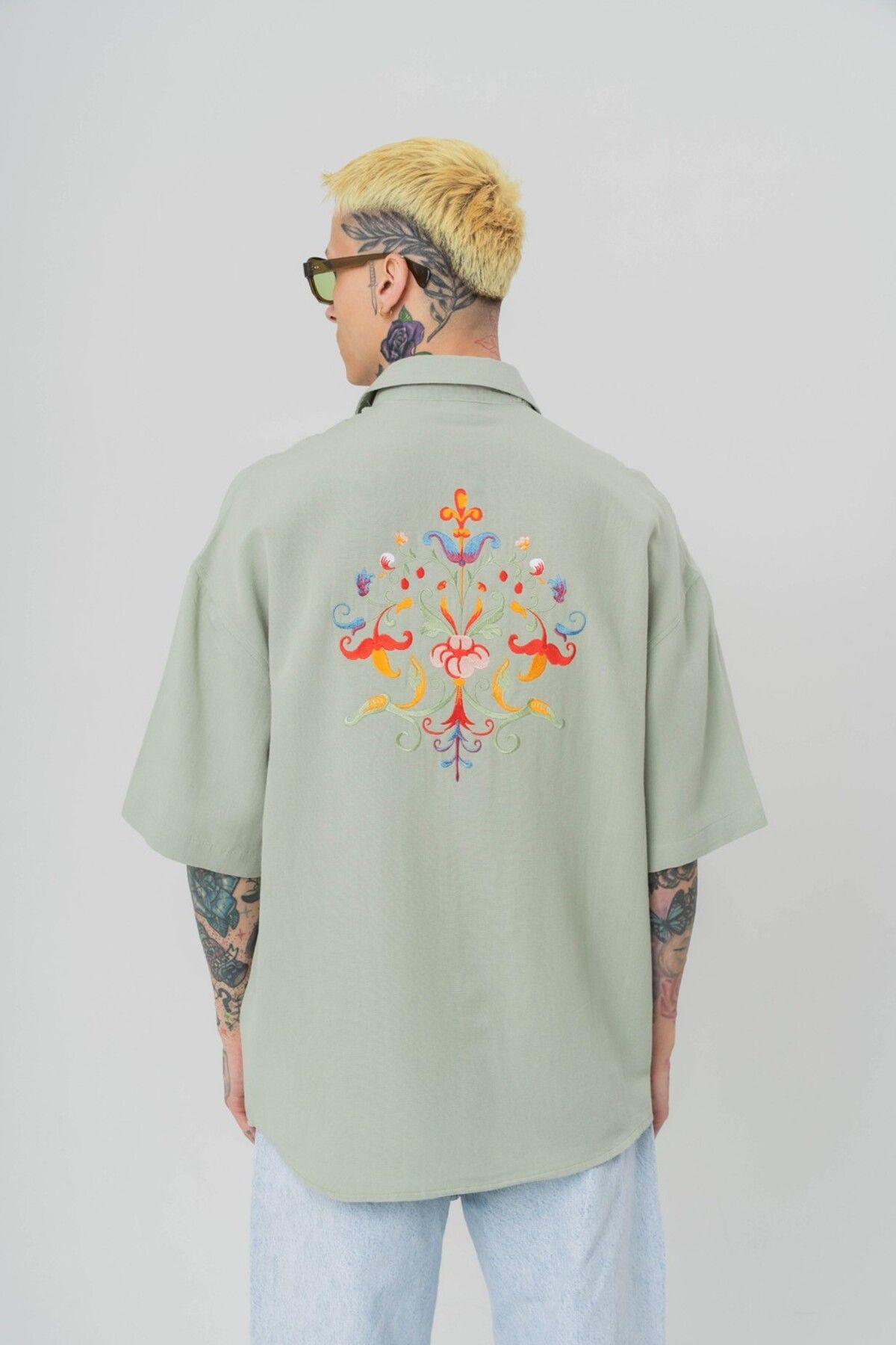 go gang own Tulip Flow Nakış Detaylı Oversize Keten Gömlek