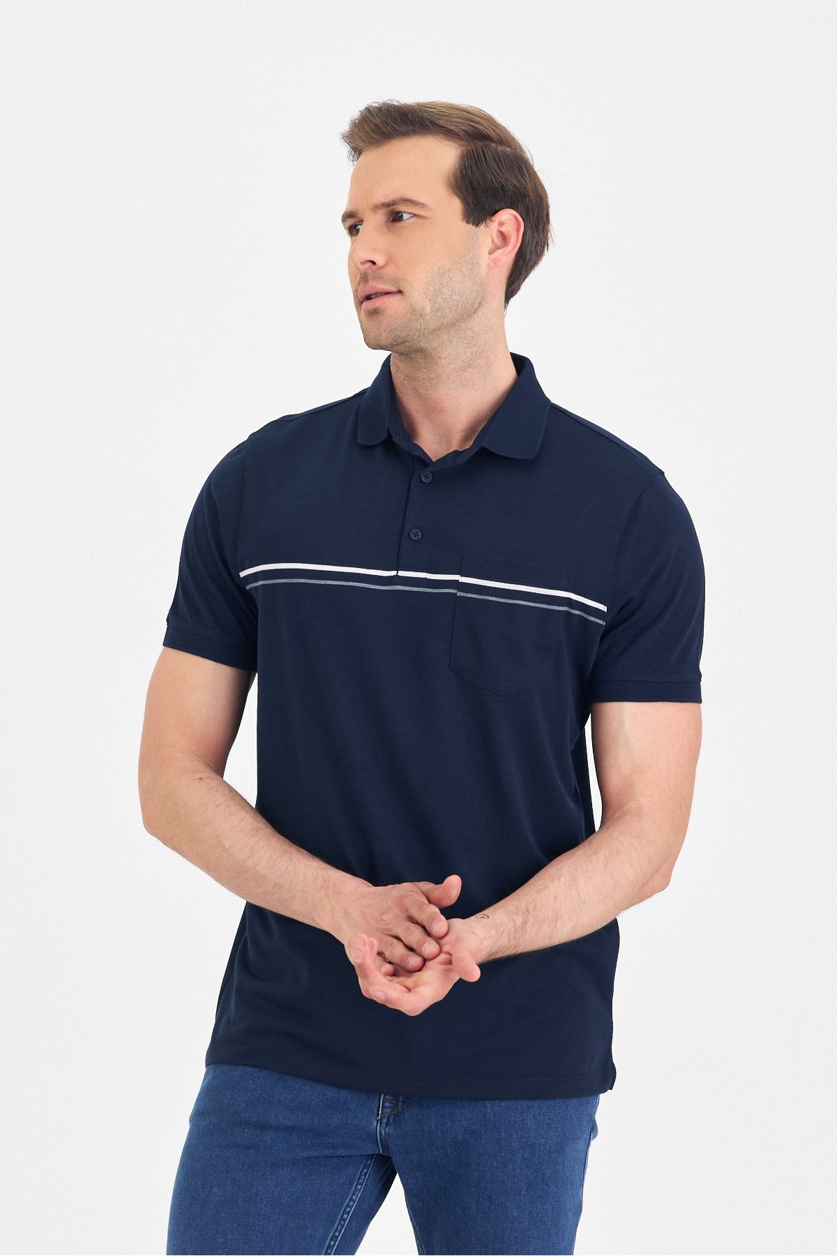 ENQUE Pamuk Çizgi Desenli Cepli Slim Fit Polo Yaka T Shirt
