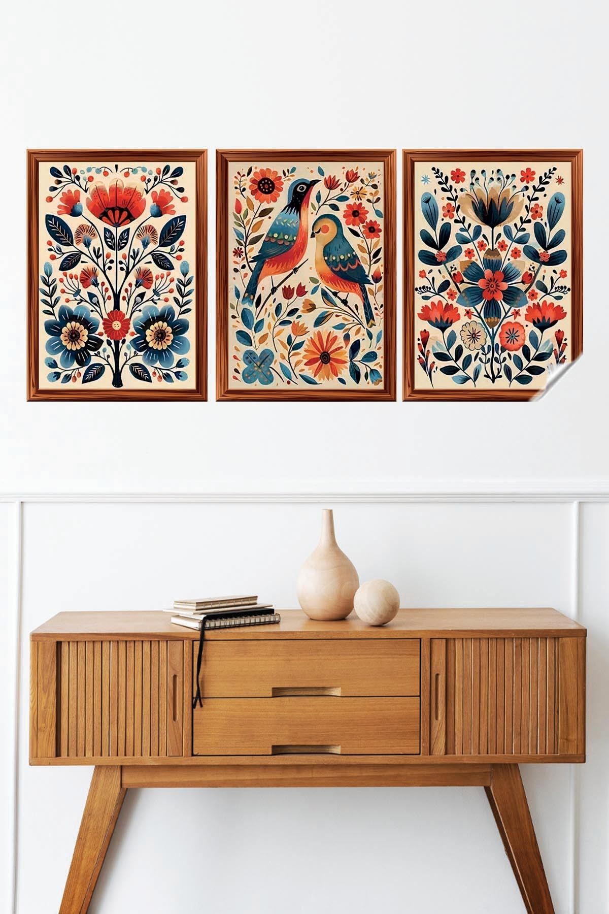 Akıllı Kağıt Statik Tutunma Özellikli Çerçeve Görünümlü Modern Tablo Poster Kuş Çiçek Model 2
