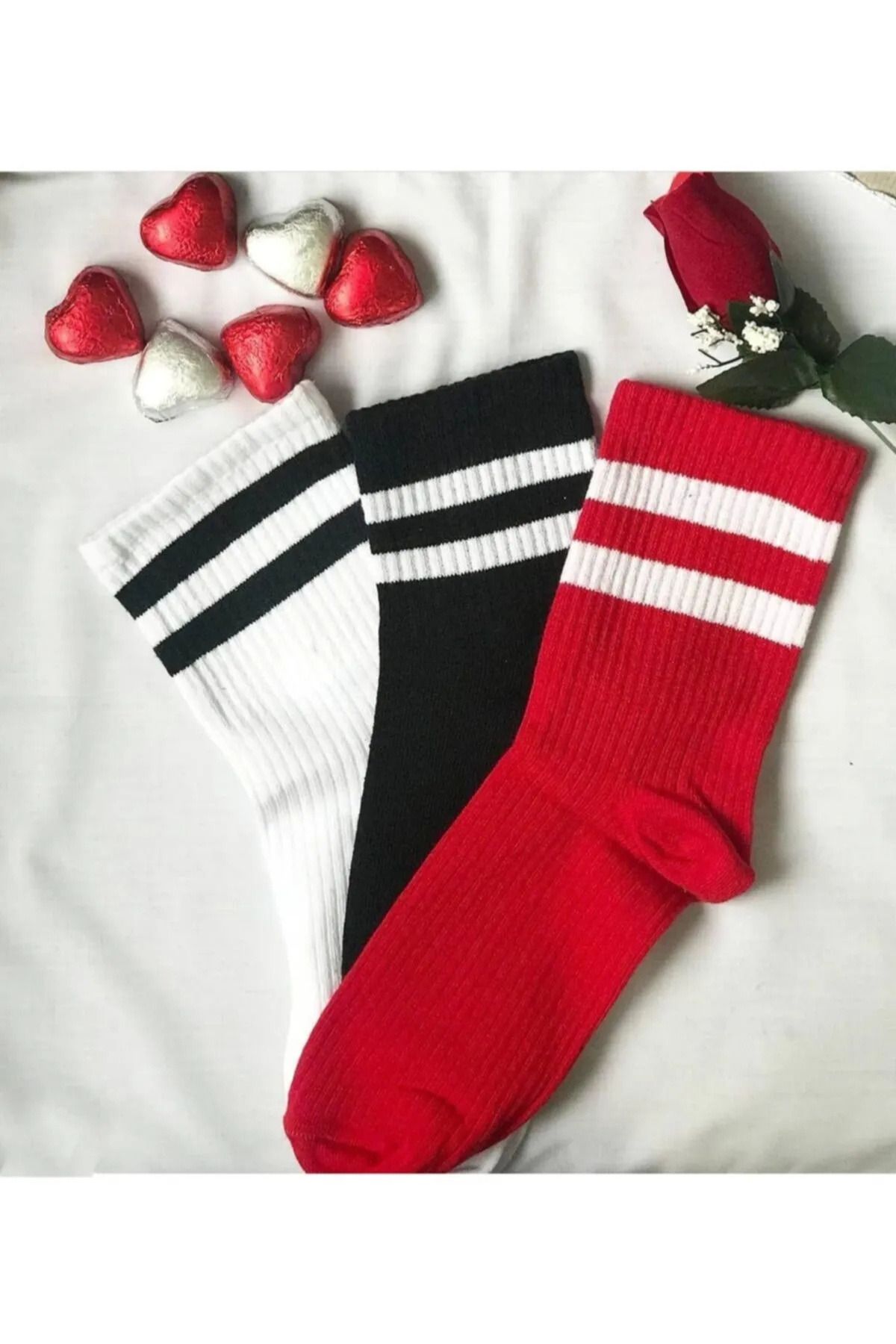 medi store 3'lü Unisex Renkli Çizgli Pamuklu Tenis Kolej Çorap
