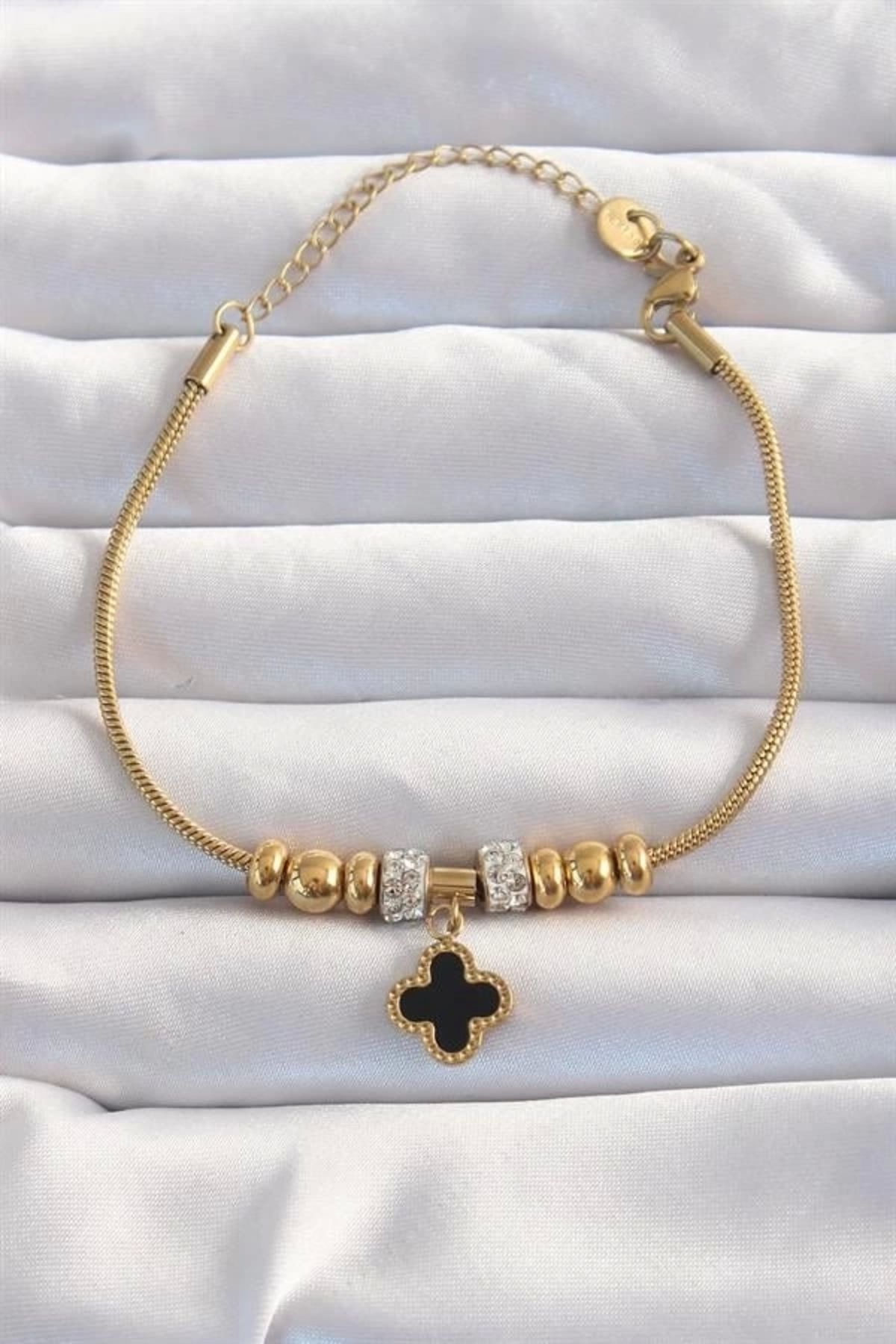 Lale Moda 316L Çelik Gold Renk Zirkon Taş Aksesuarlı Siyah Mineli Yonca Bileklik