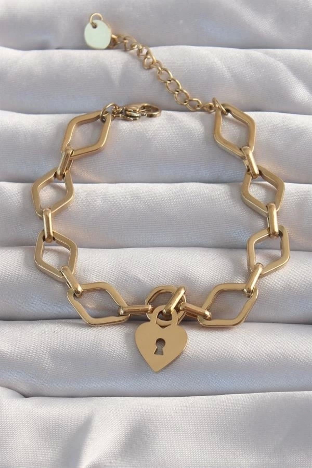 Lale Moda 316L Çelik Gold Renk Kalp Model Zincir Bileklik