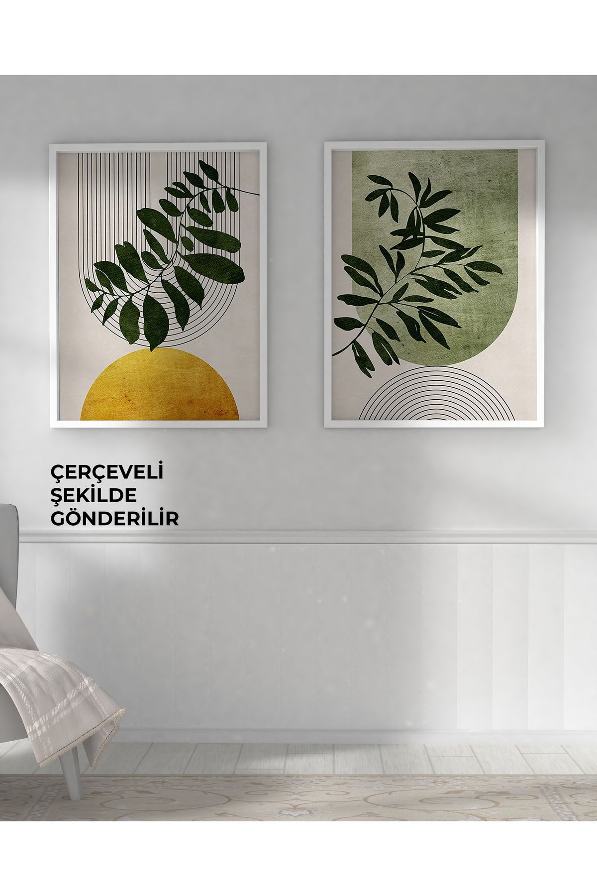 çınararthome Doğal Ahşap Çerçeveli Bitki Temalı 2'li Poster Tablo Seti Modern Duvar Dekoru