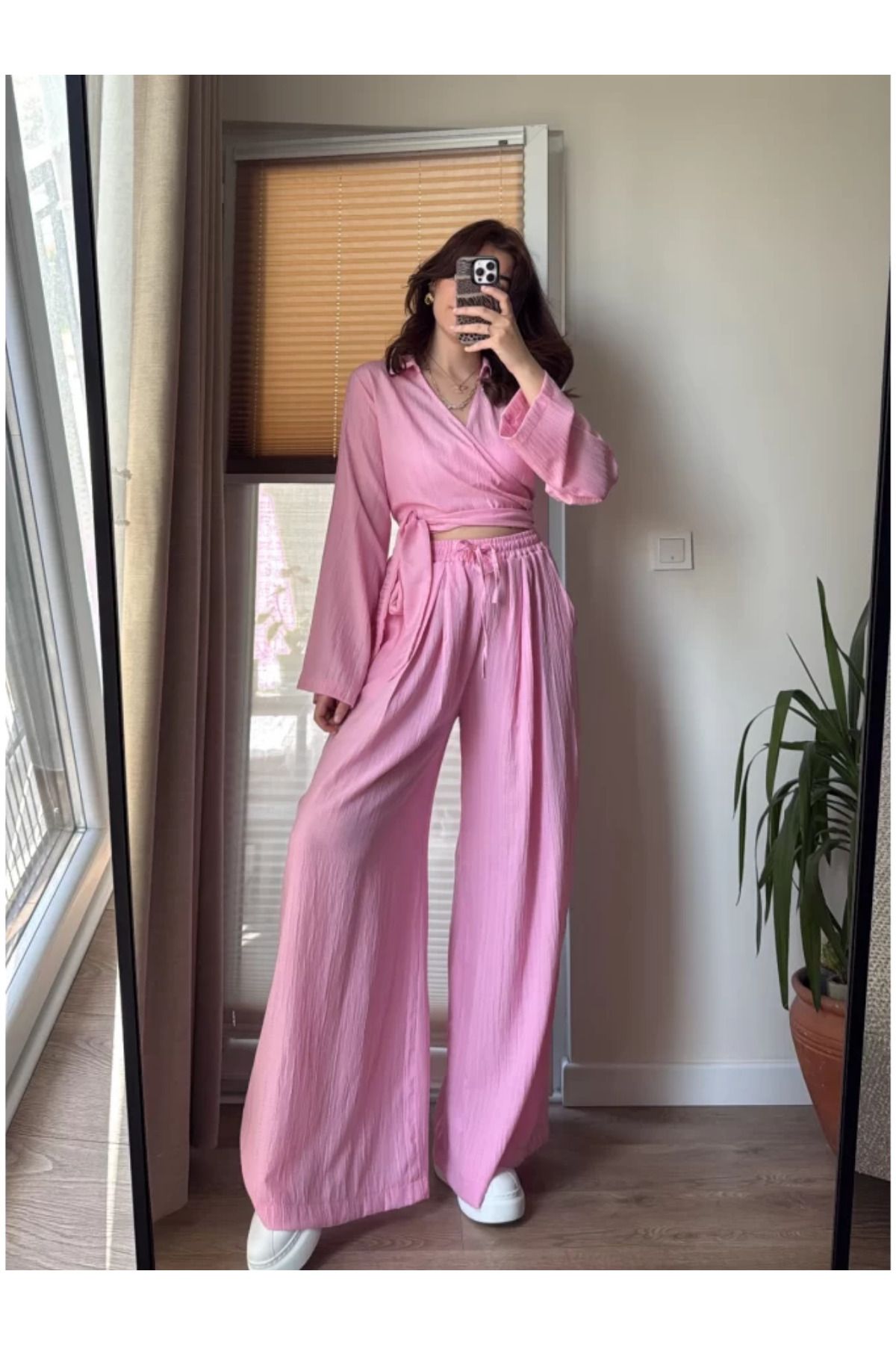 RosePearl Kadın Pembe Renk İspanyol kol Yandan Bağlamalı Bluz Pantolon Takım