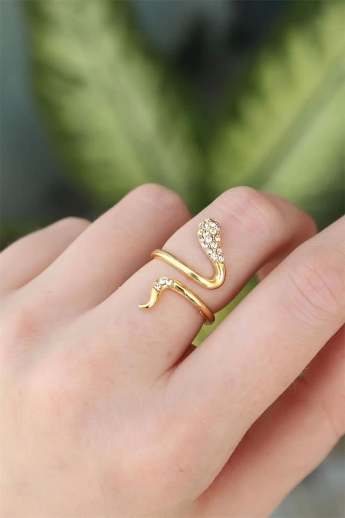 Lale Moda Pirinç Gold Renk Ayarlanabilir Zirkon Taşlı Yılan Yüzük