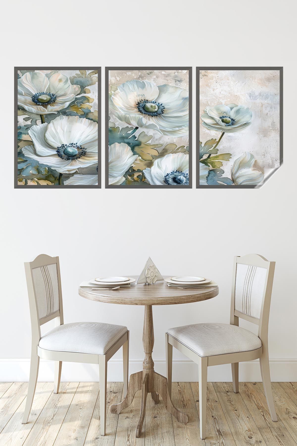 Akıllı Kağıt Statik Tutunma Özellikli Çerçeve Görünümlü 50 x 70 Cm Modern Tablo Poster Beyaz Çiçek Model 3