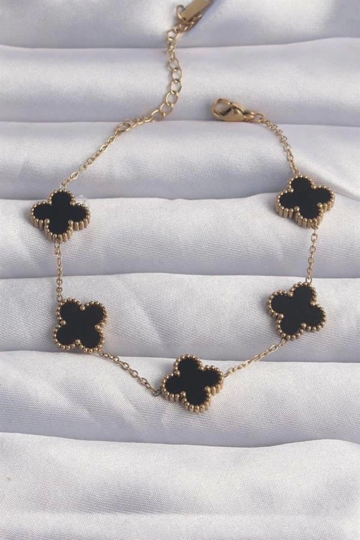Lale Moda 316L Çelik Gold Renk Siyah Mineli Yonca Bileklik