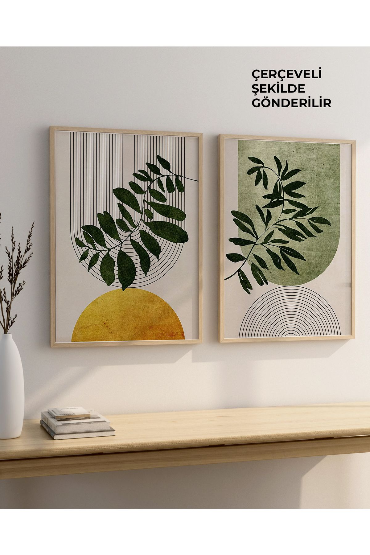 çınararthome Doğal Ahşap Çerçeveli Bitki Temalı 2'li Poster Tablo Seti Modern Duvar Dekoru