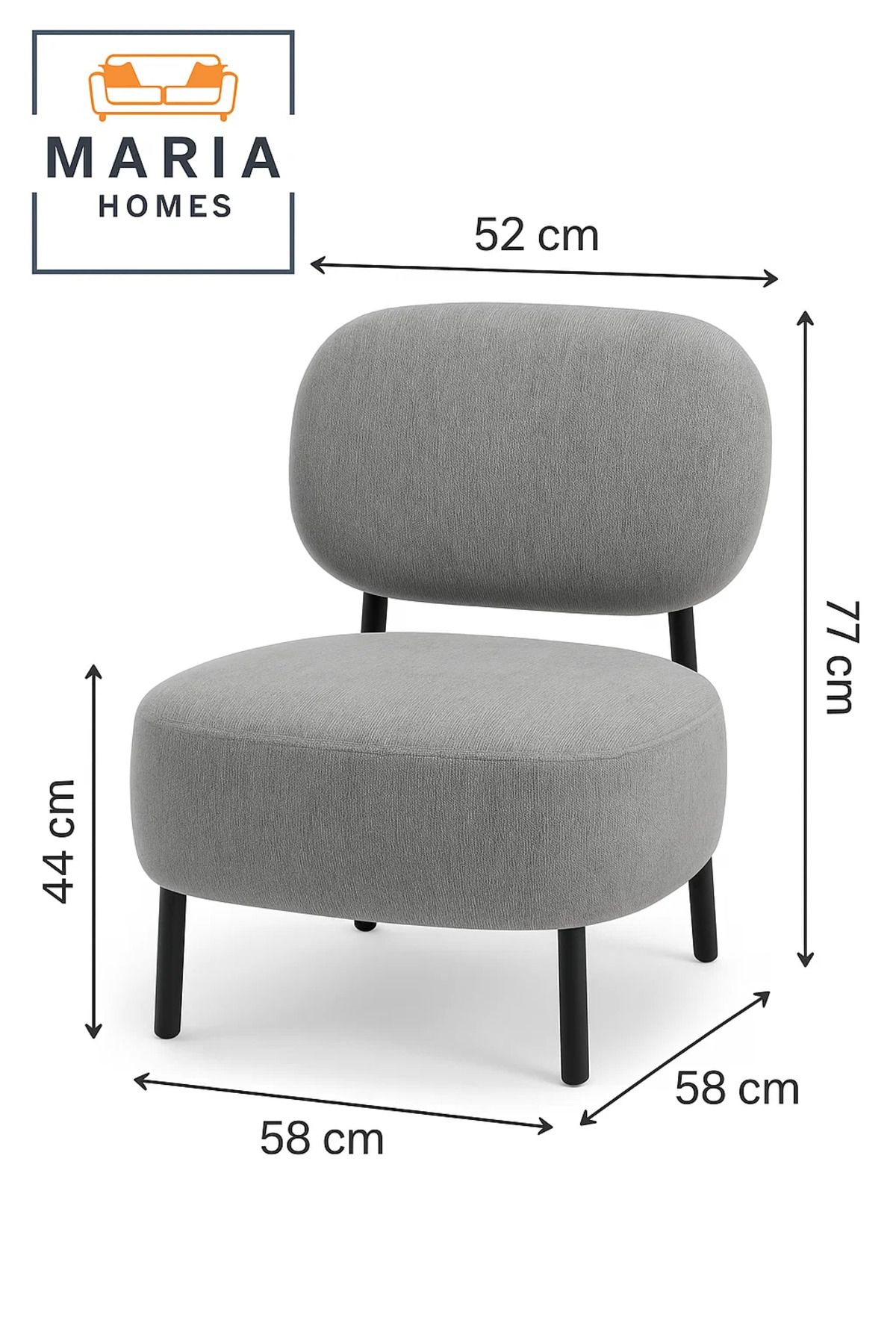 MARIA HOMES-Contemporary Grey Lounge Chair With Wide Cushioned Seat – Modern Fabric Accent Chair 5