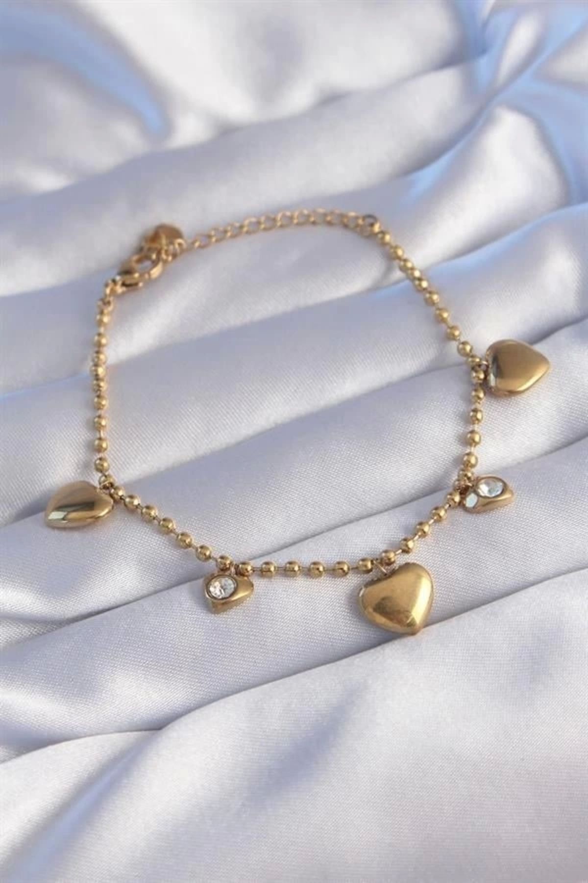 Lale Moda 316L Çelik Gold Renk Zirkon Taşlı Kalp Model Bileklik