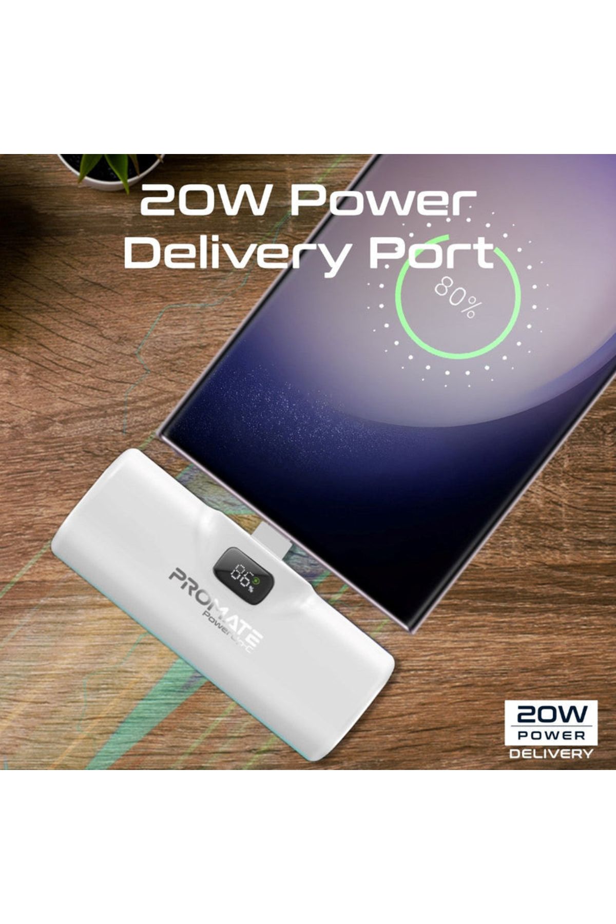 Promate-PowerUp-C Power Bank 5000mAh with Fast Charging and Built-in USB-C Connector - White 5