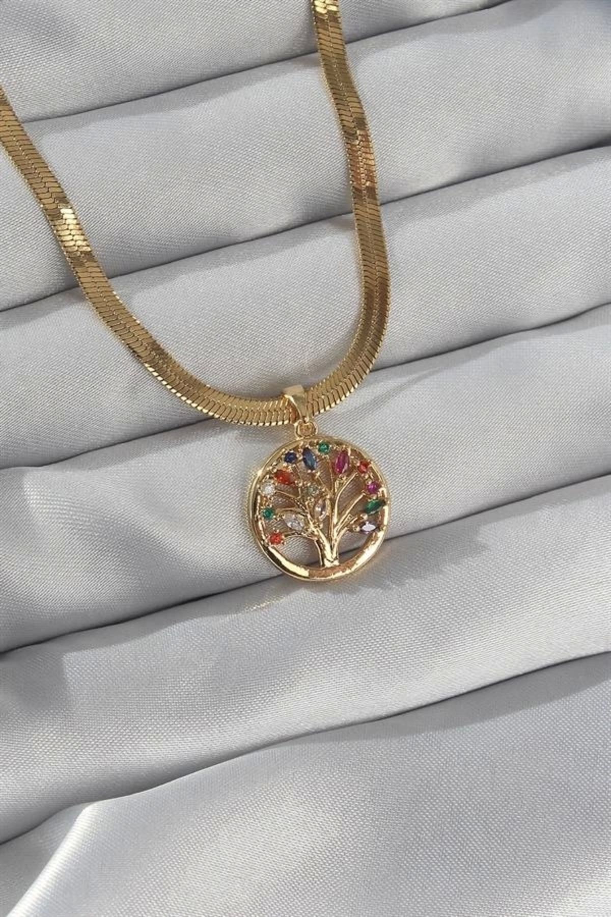 Lale Moda 316L Çelik Zincir Gold Renk İtalyan Zincir Renkli Zirkon Taşlı Yaşam Ağacı Kolye