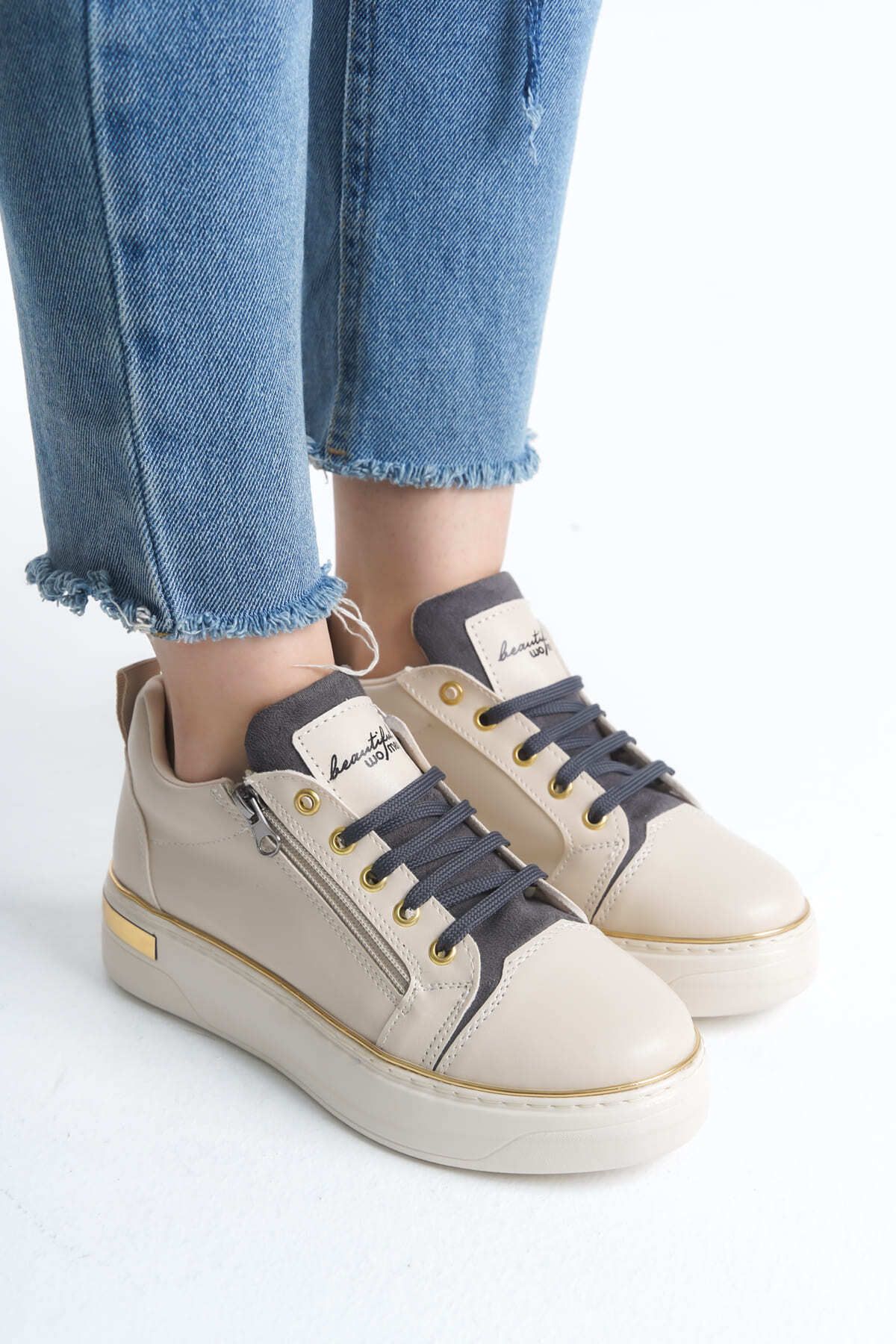 Joy DINA Bağcıklı Fermuarlı Ortopedik Taban Kadın Sneaker Spor Ayakkabı KT - Krem/Gri/Altın