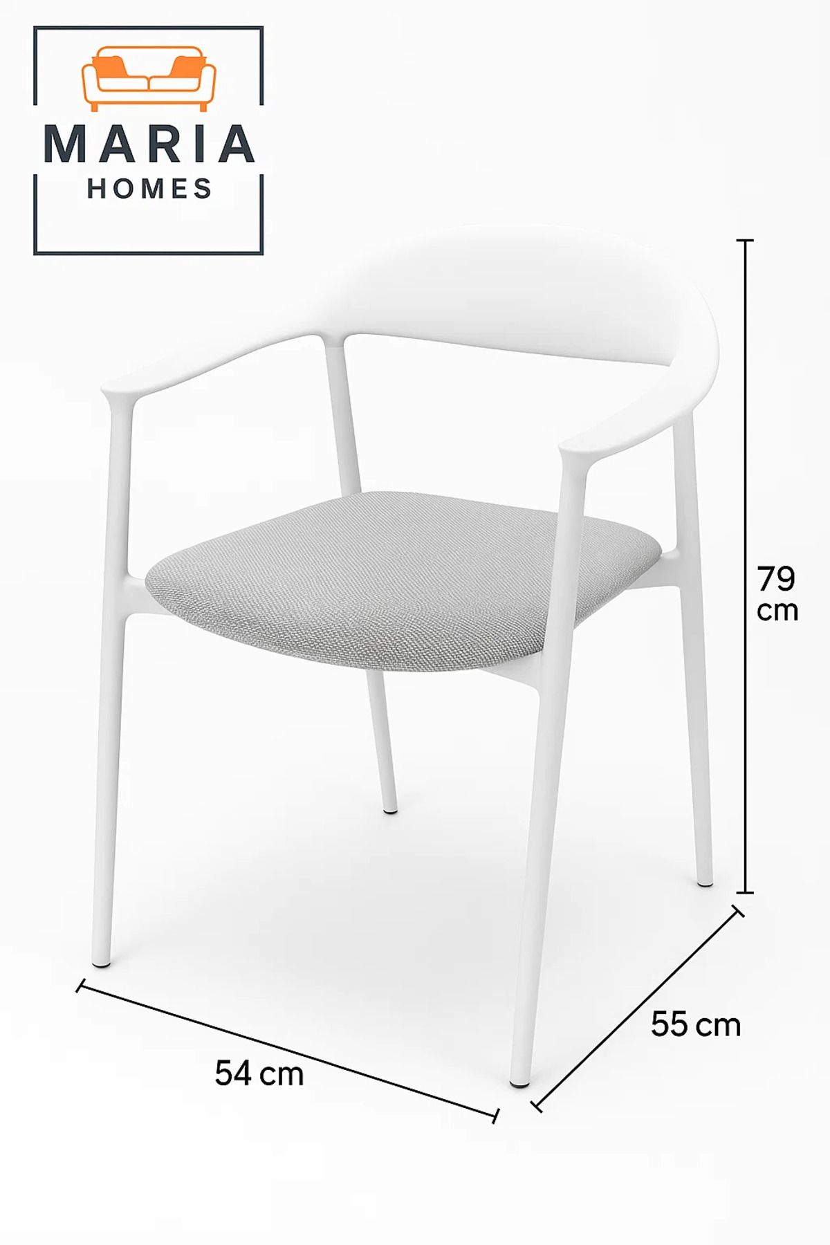 MARIA HOMES-White Modern Armchair with Light Grey Fabric Seat – Minimalist Dining or Office Chair 5