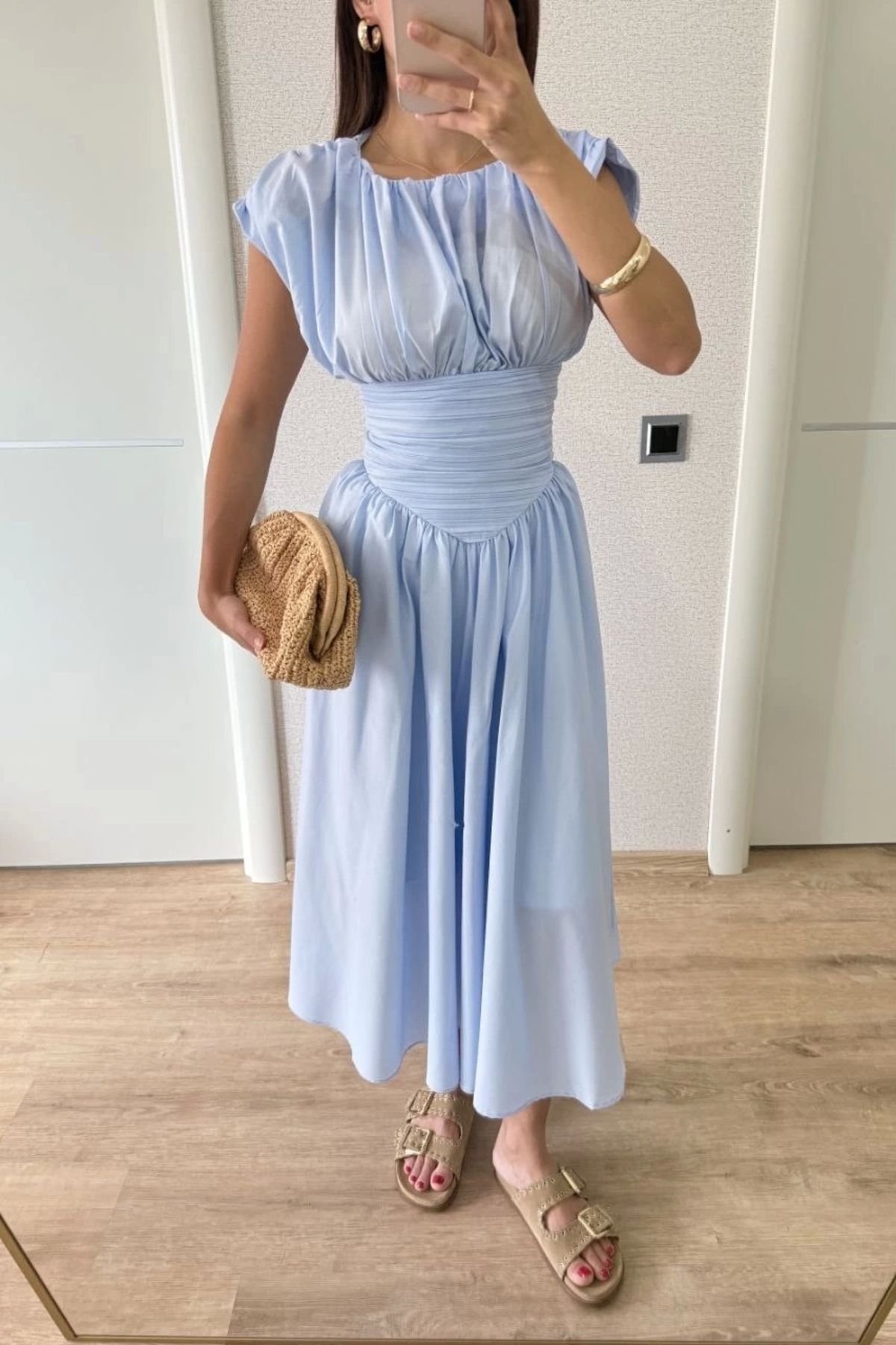 MODA Kolsuz Bel Detaylı Uzun Elbise - Mavi