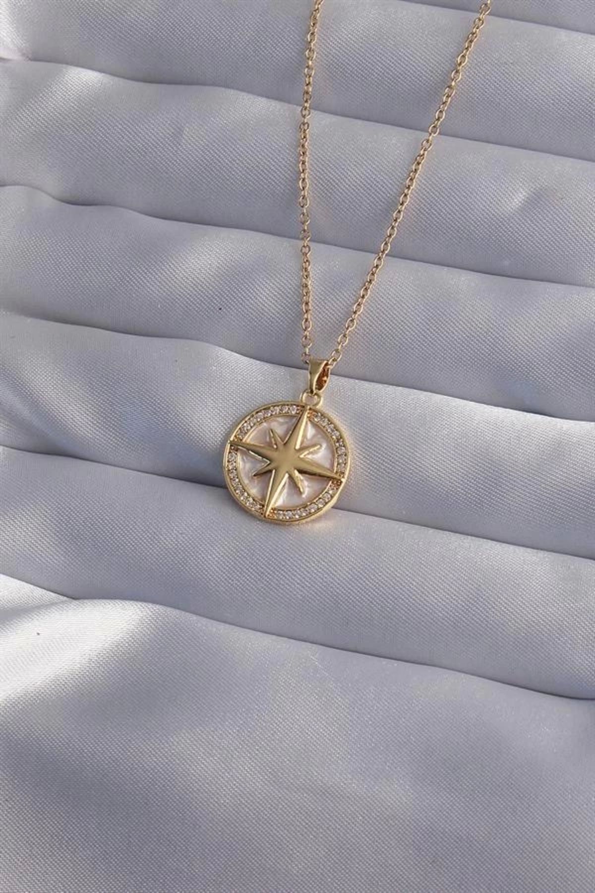 Lale Moda 316L Çelik Zincir Gold Renk Zirkon Taşlı Kutup Yıldızı Kolye