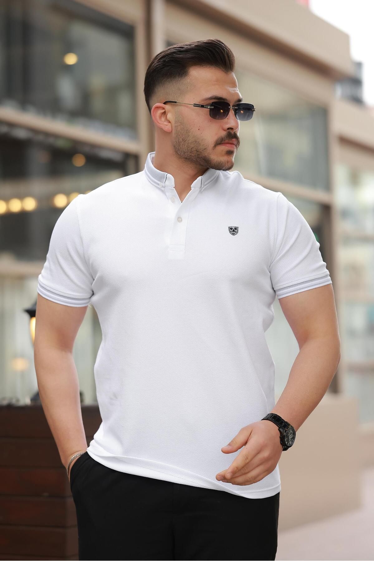 Miron Beyaz Logo Nakışlı Polo Yaka Kısa Kollu Tişört -2518