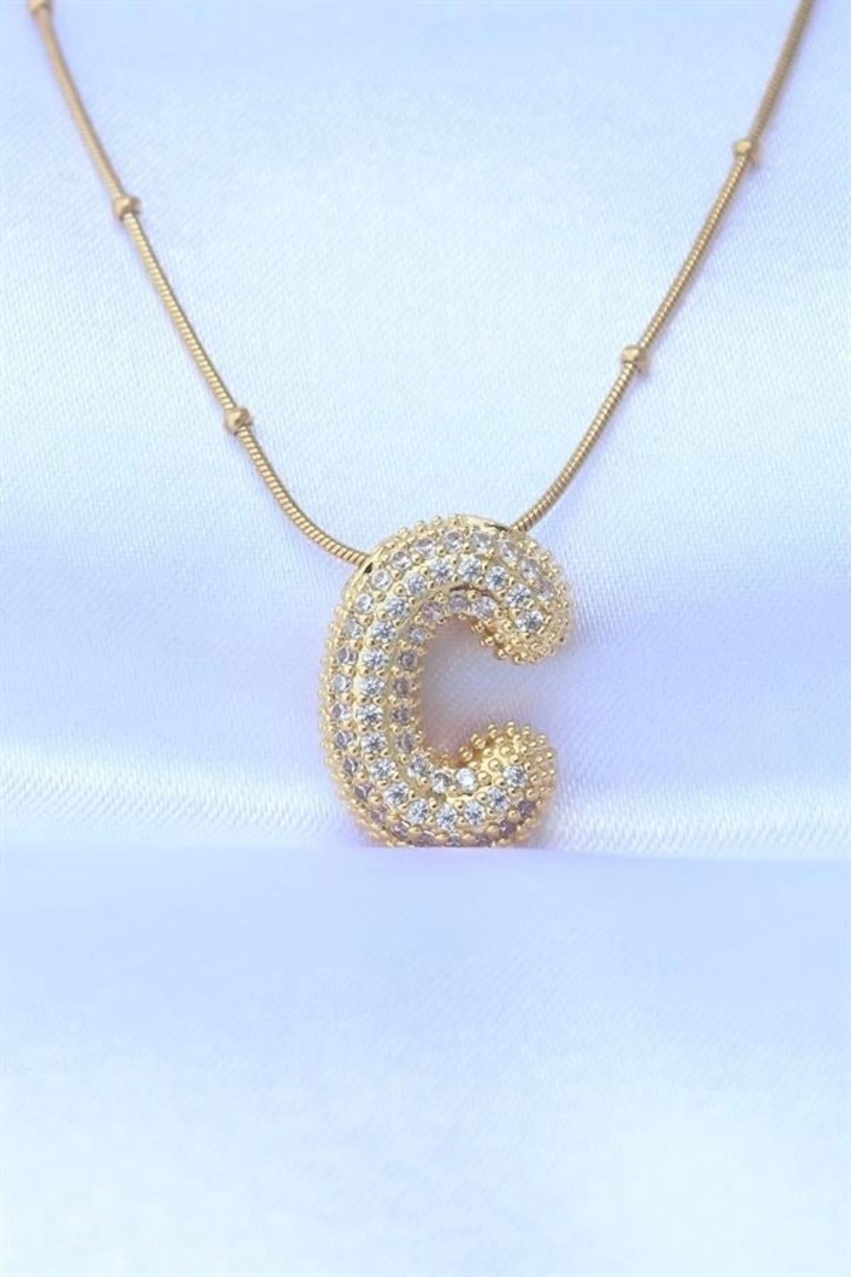 Lale Moda 316L Çelik Zincirli Zirkon Taşlı C Harfli Gold Renk Bubble Kolye