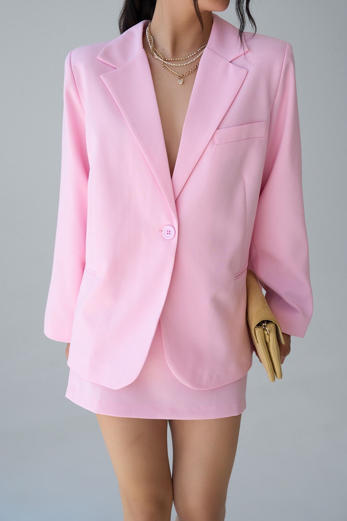 LOOSH Kadın Pembe Kruvaze Yaka Tek Düğme Detaylı Oversize Blazer Ceket