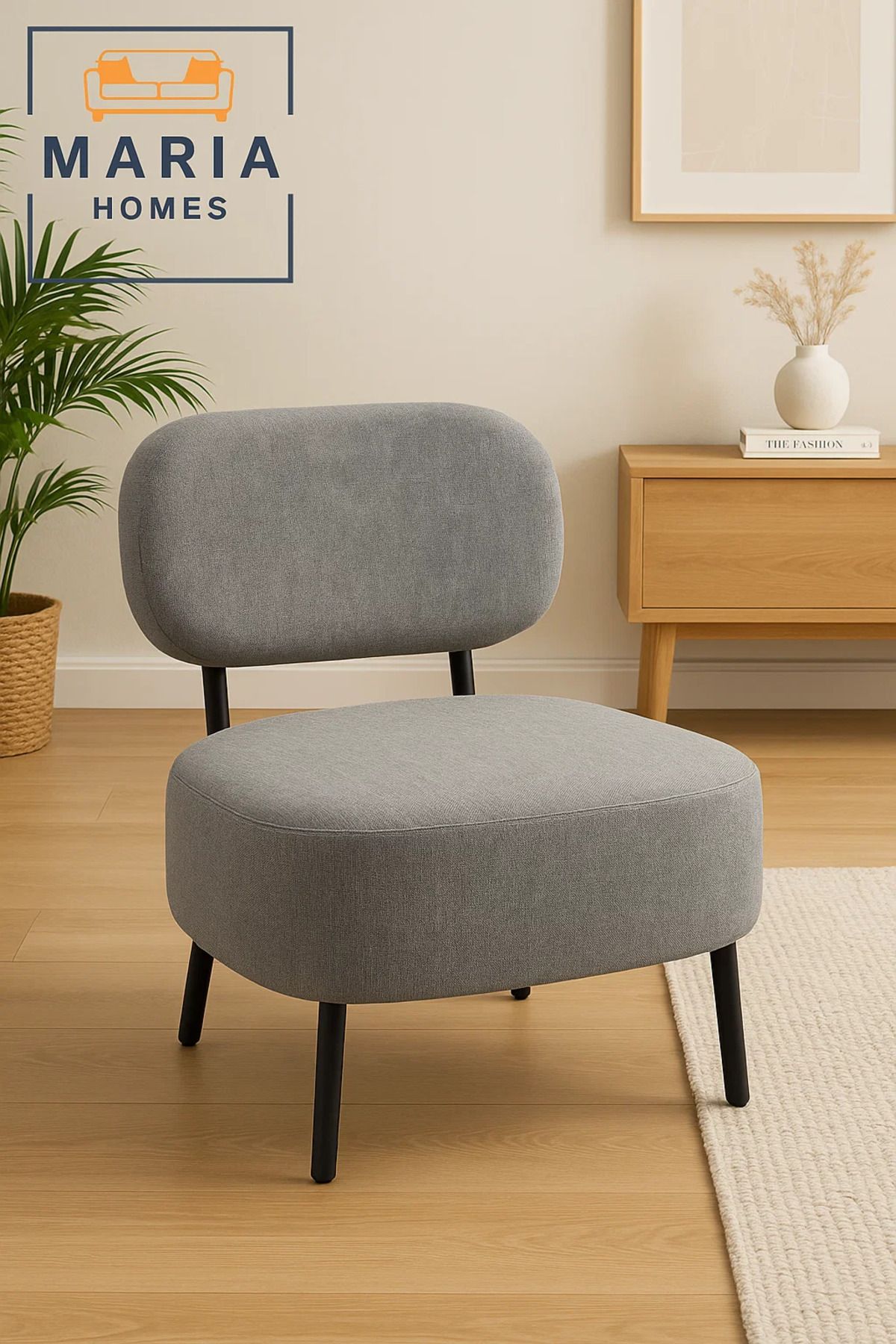MARIA HOMES-Contemporary Grey Lounge Chair With Wide Cushioned Seat – Modern Fabric Accent Chair 1