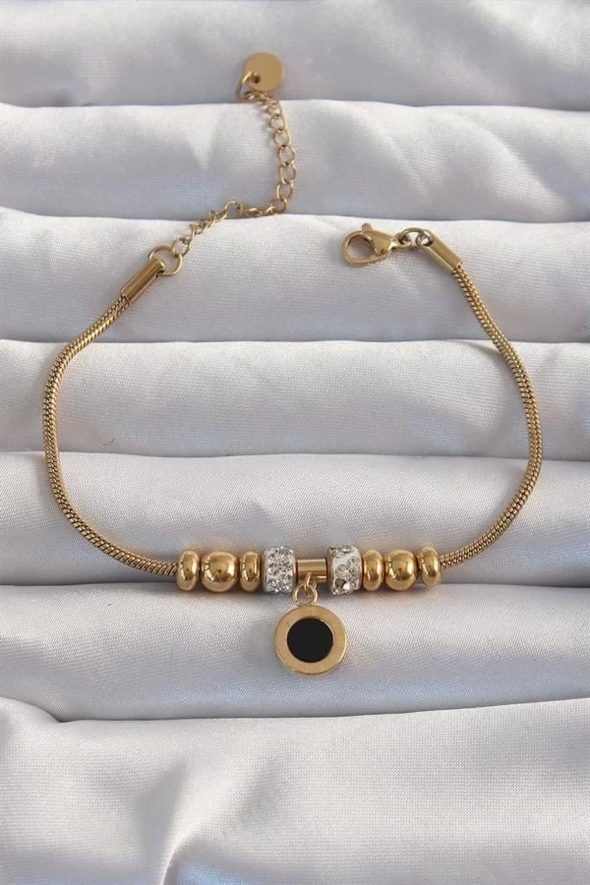 Lale Moda 316L Çelik Gold Renk Zirkon Taş Aksesuarlı Siyah Mineli Bileklik