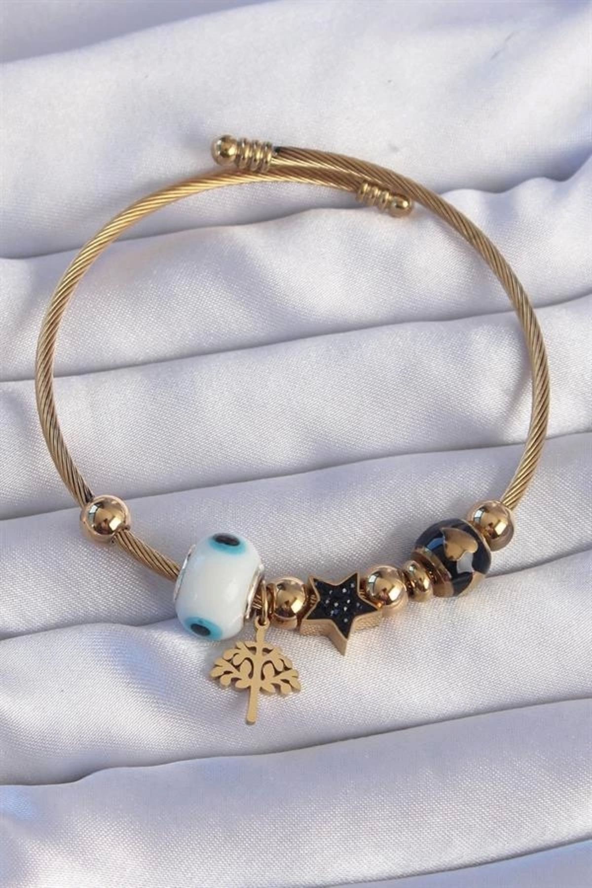 Lale Moda 316L Çelik Gold Renk Siyah Zirkon Taşlı Yıldız Tasarımlı Ağaç Detay Nazarlı Charm Bileklik