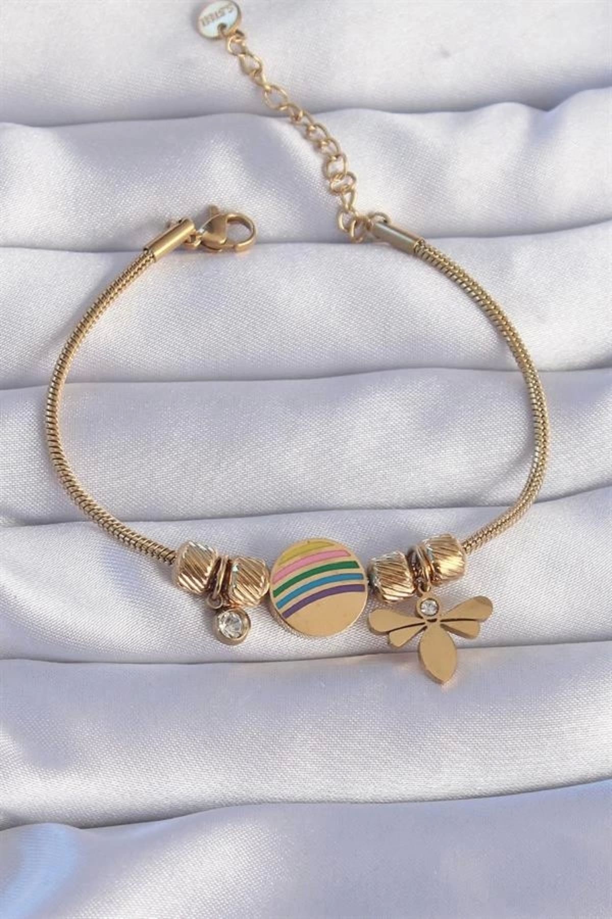 Lale Moda 316L Çelik Gold Renk Zirkon Taşlı Gökkuşağı Tasarımlı Yusufçuk Bileklik