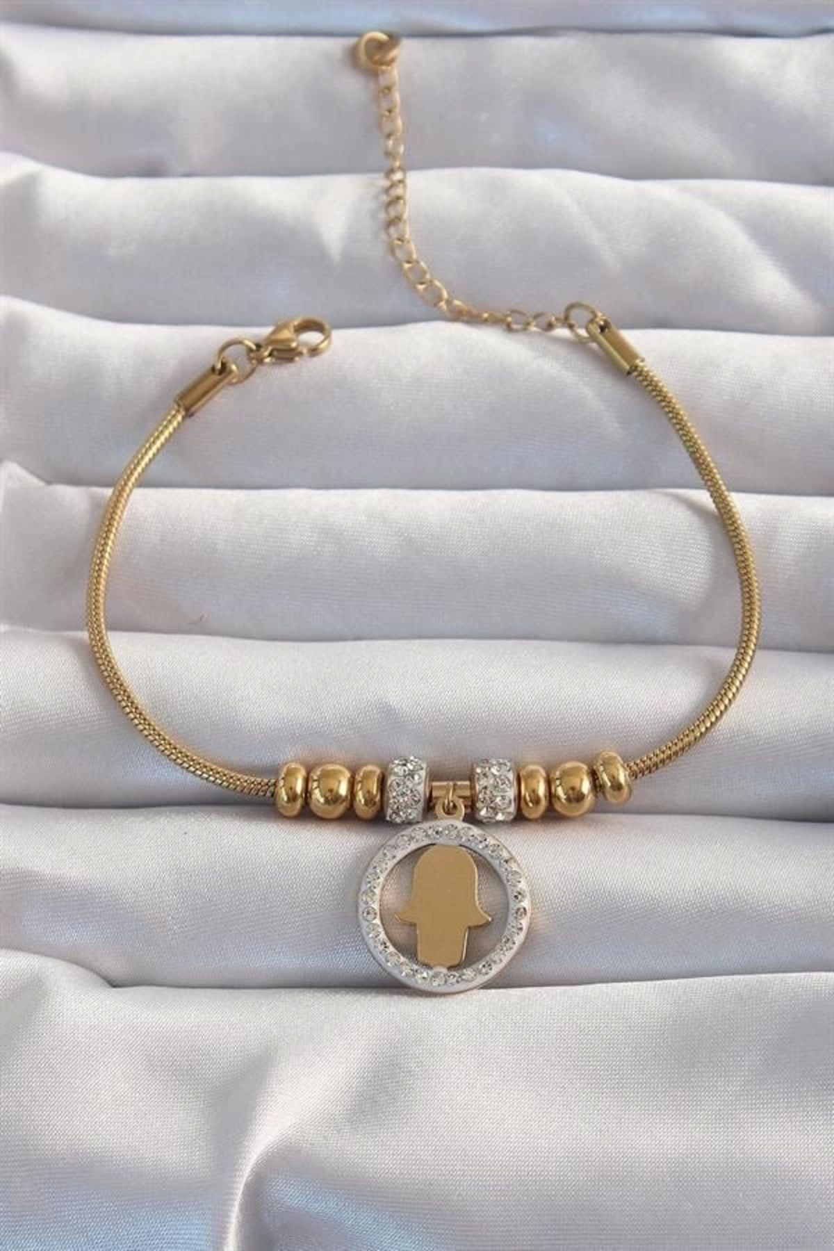 Lale Moda 316L Çelik Gold Renk Zirkon Taş Aksesuarlı Fatma Ana Eli Bileklik